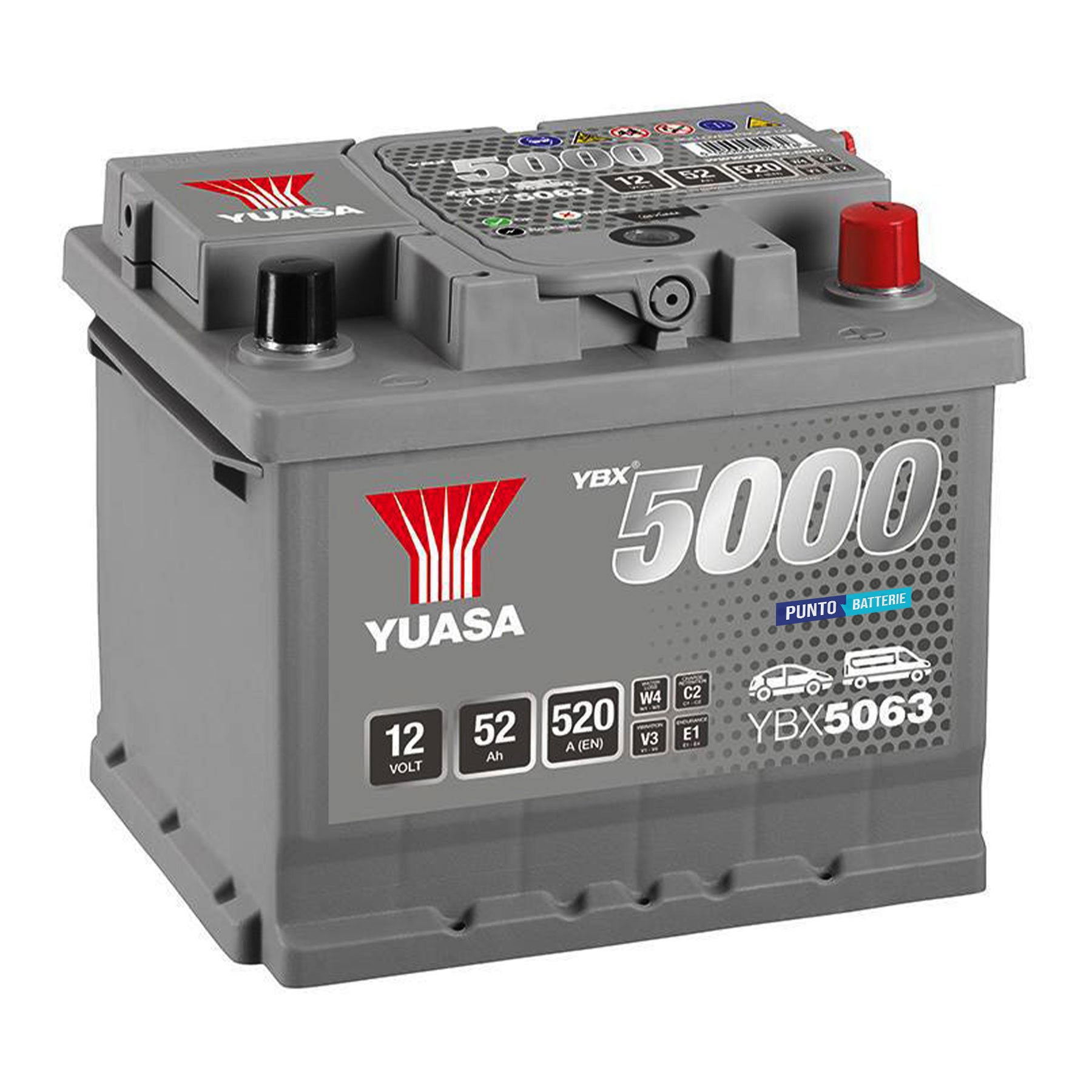Batteria originale Yuasa YBX5000 YBX5063, dimensioni 208 x 175 x 175, polo positivo a destra, 12 volt, 52 amperora, 520 ampere. Batteria per auto e veicoli leggeri.