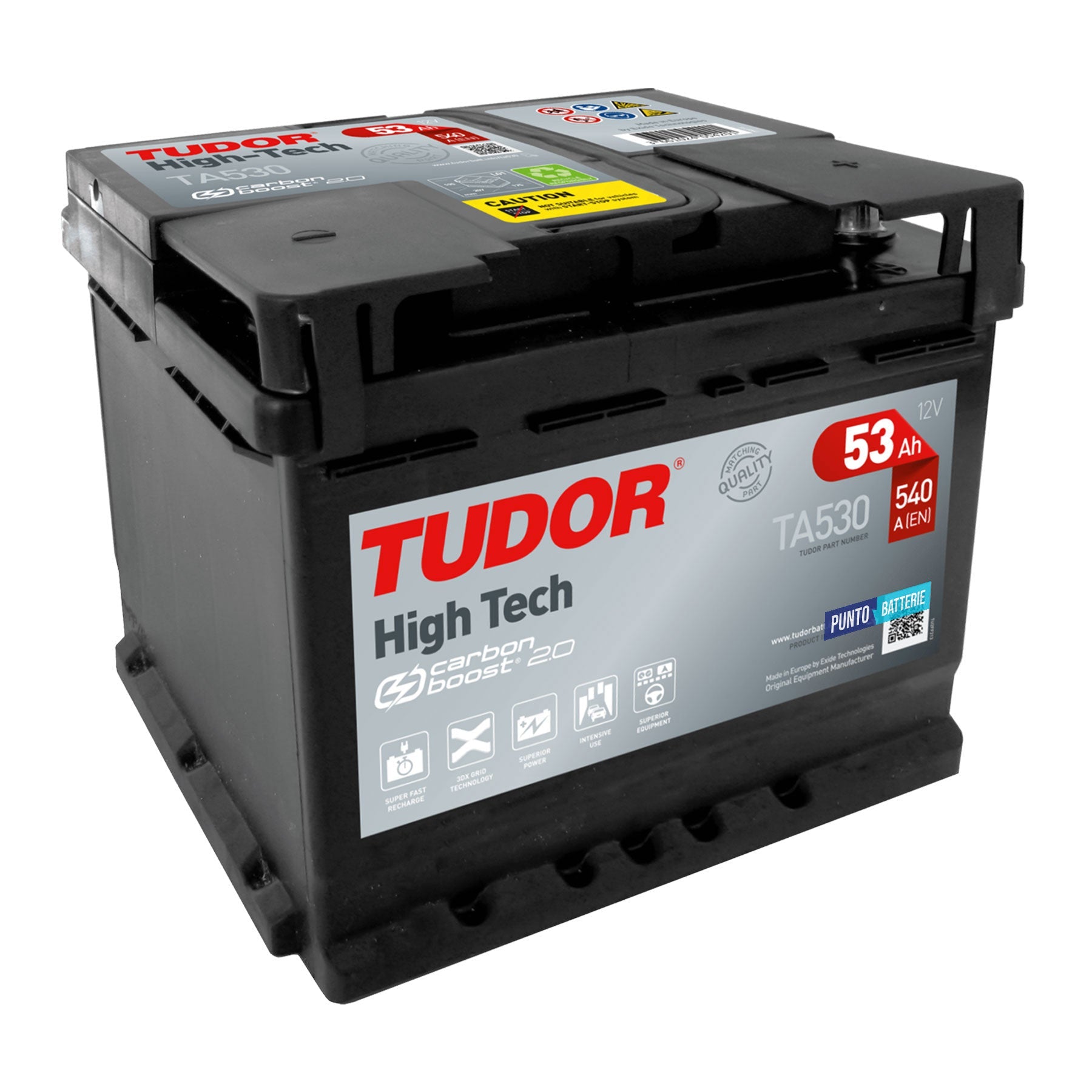 Batteria originale Tudor High Tech TA530, dimensioni 207 x 175 x 190, polo positivo a destra, 12 volt, 53 amperora, 540 ampere. Batteria per auto e veicoli leggeri.