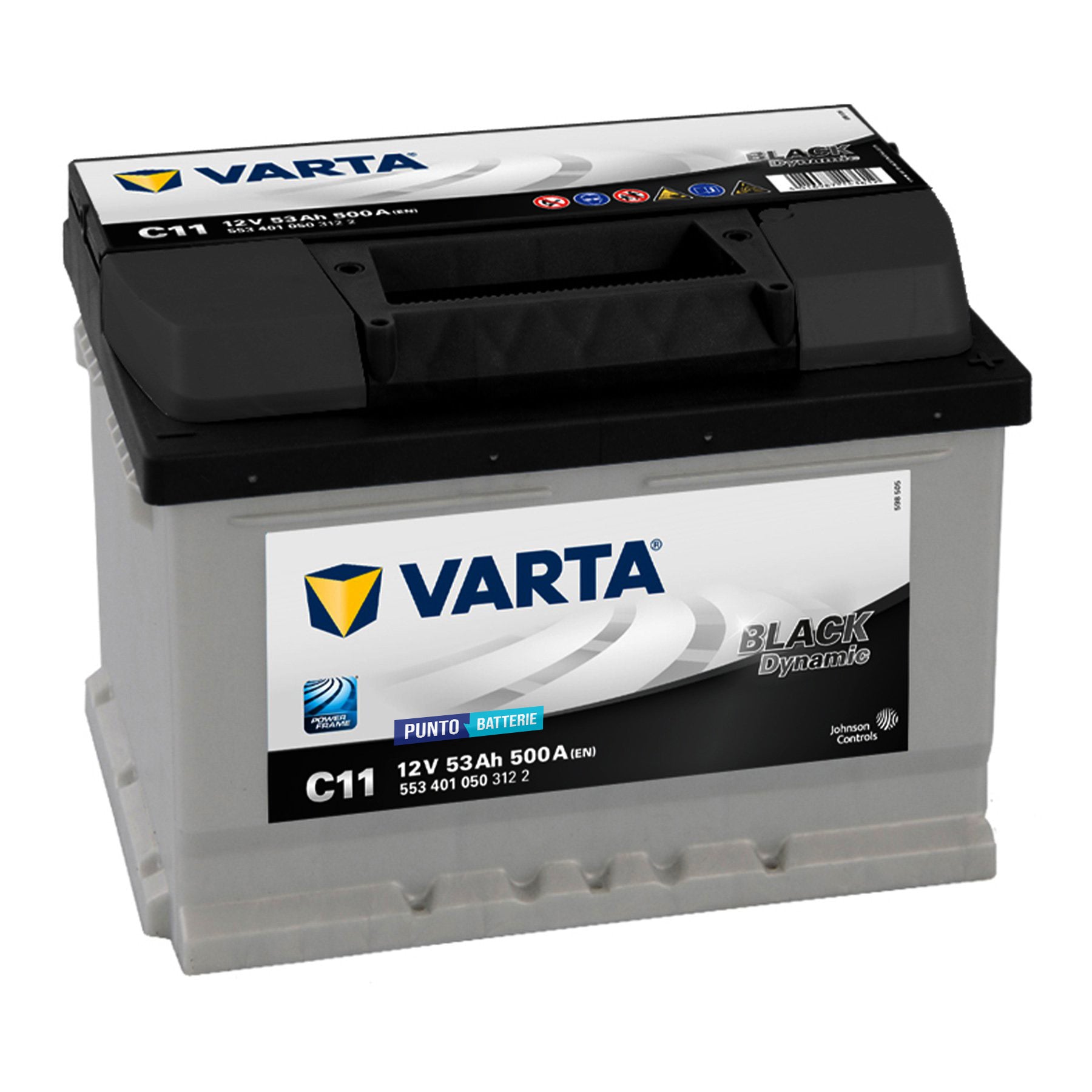 Batteria originale Varta Black Dynamic C11, dimensioni 242 x 175 x 175, polo positivo a destra, 12 volt, 53 amperora, 500 ampere. Batteria per auto e veicoli leggeri.
