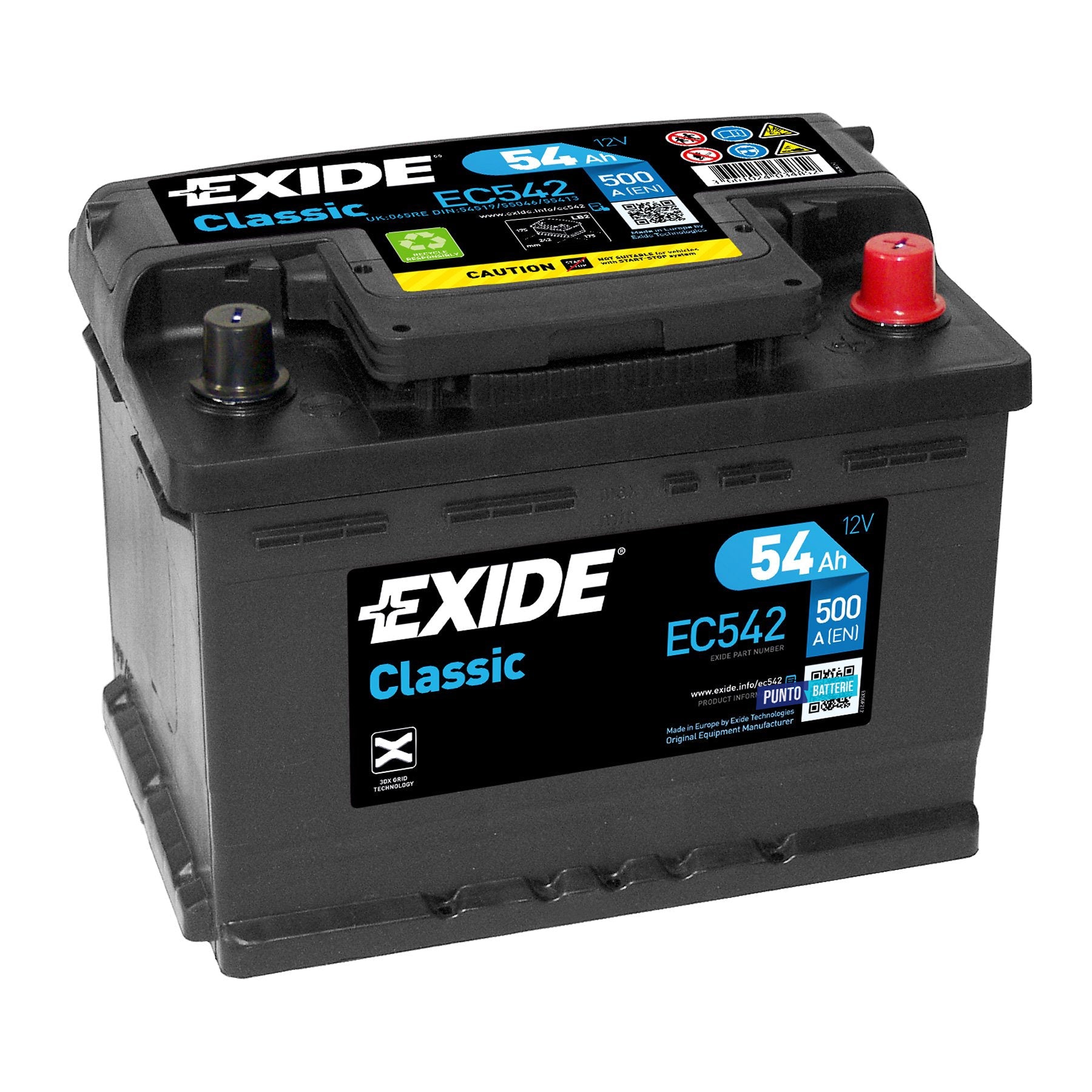 Batteria originale Exide Classic EC542, dimensioni 242 x 175 x 175, polo positivo a destra, 12 volt, 54 amperora, 500 ampere. Batteria per auto e veicoli leggeri.