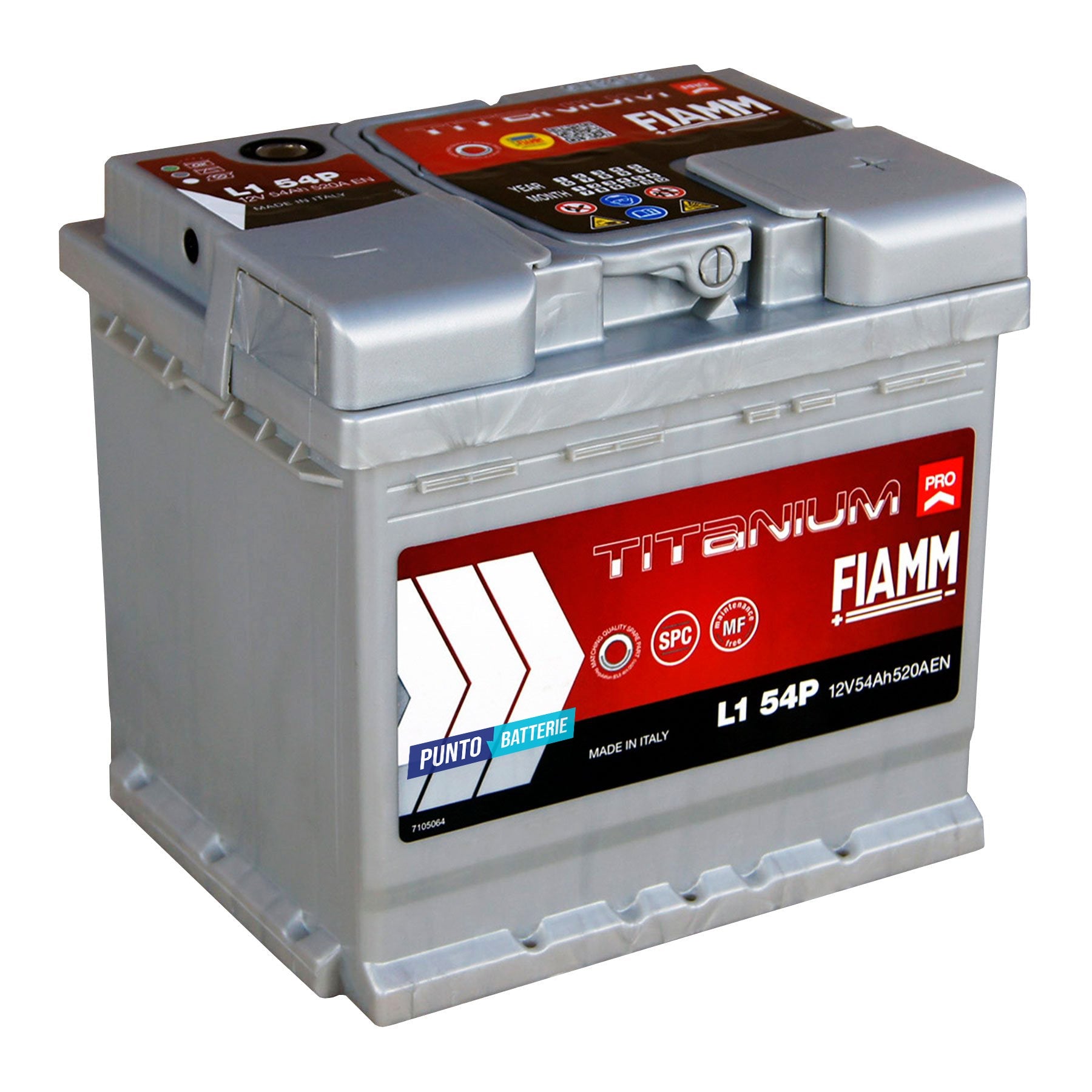 Batteria originale Fiamm Titanium PRO L1 54P, dimensioni 207 x 175 x 190, polo positivo a destra, 12 volt, 54 amperora, 520 ampere. Batteria per auto e veicoli leggeri.