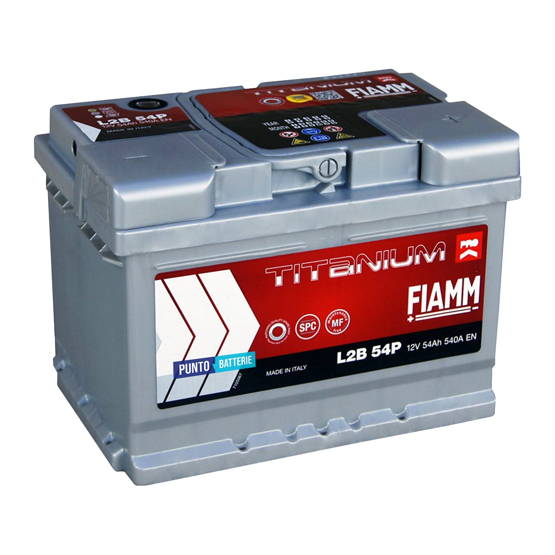Batteria originale Fiamm Titanium PRO L2B 54P, dimensioni 242 x 175 x 175, polo positivo a destra, 12 volt, 54 amperora, 540 ampere. Batteria per auto e veicoli leggeri.