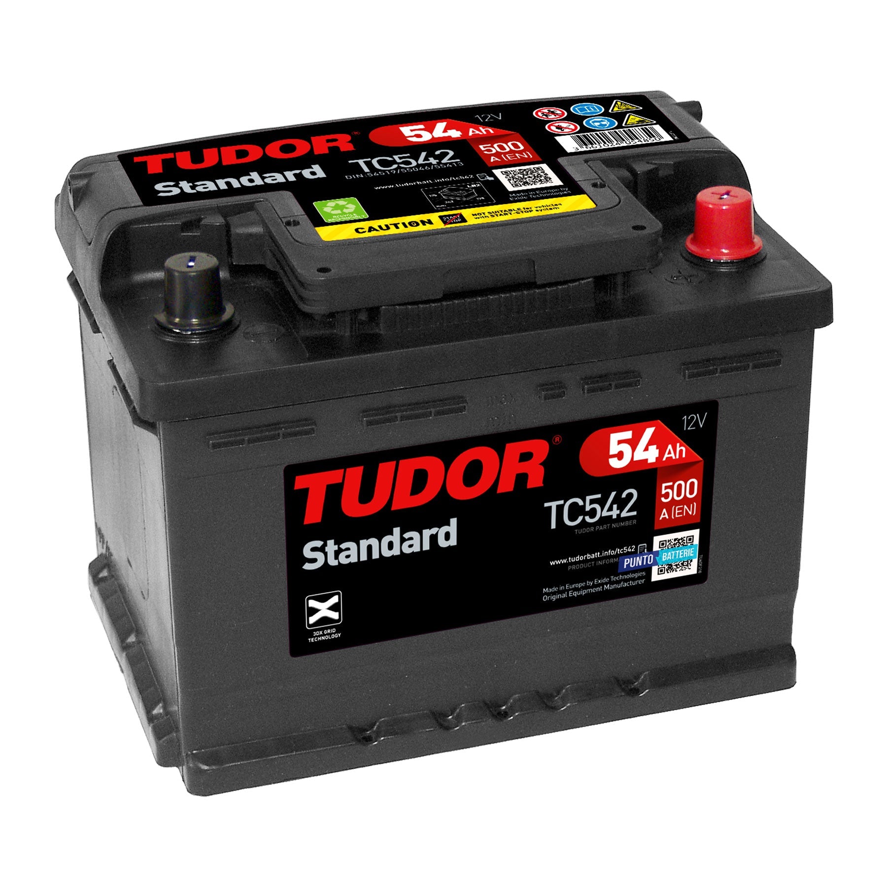 Batteria originale Tudor Standard TC542, dimensioni 242 x 175 x 175, polo positivo a destra, 12 volt, 54 amperora, 500 ampere. Batteria per auto e veicoli leggeri.