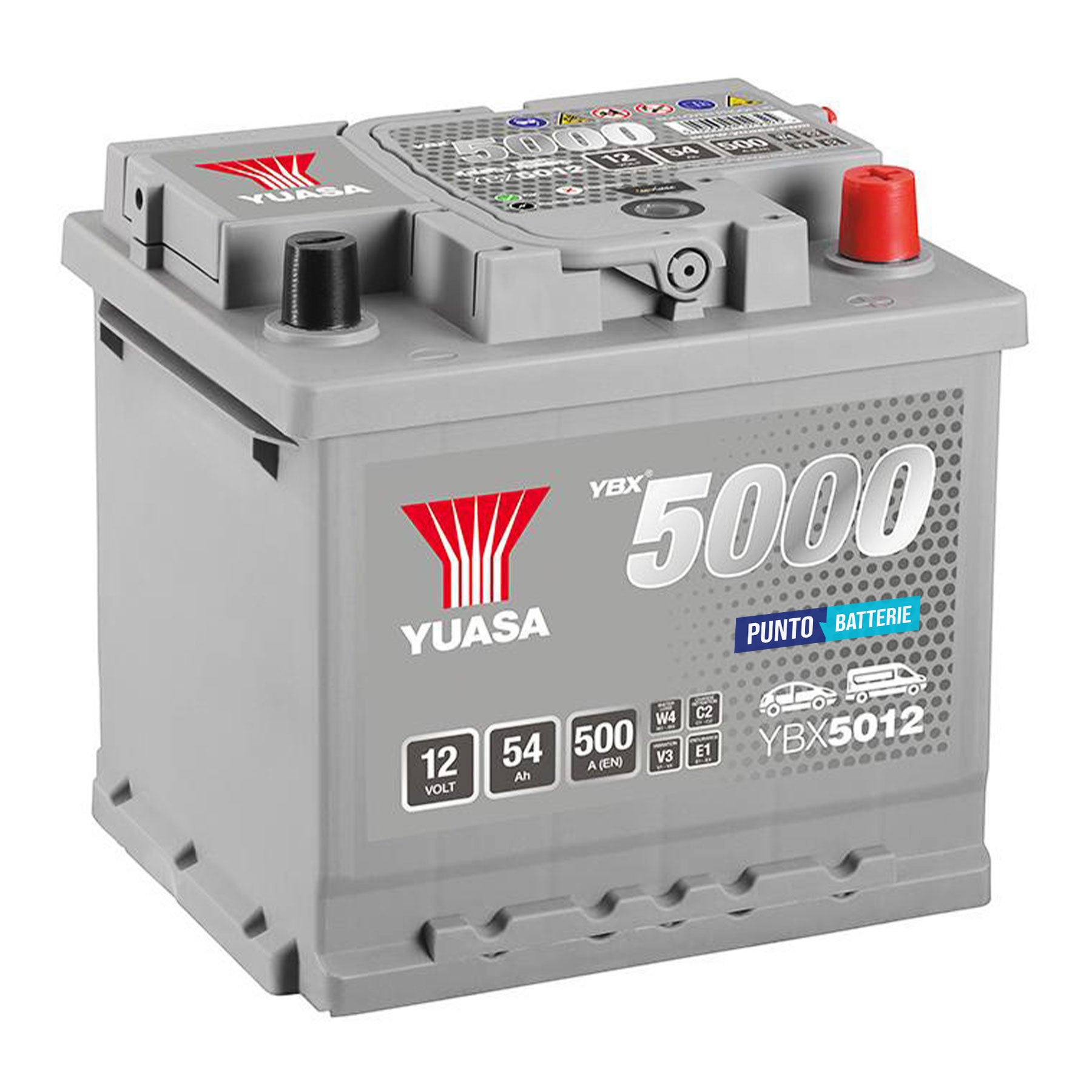Batteria originale Yuasa YBX5000 YBX5012, dimensioni 207 x 175 x 190, polo positivo a destra, 12 volt, 54 amperora, 500 ampere. Batteria per auto e veicoli leggeri.