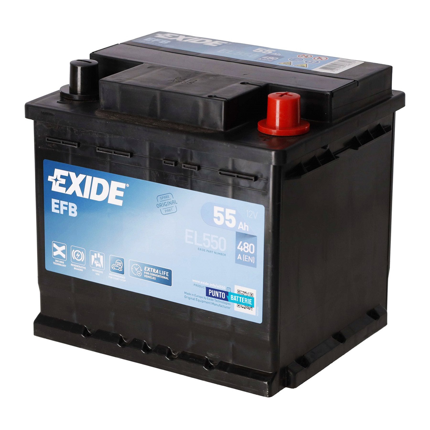 Batteria originale Exide EFB EL550, dimensioni 207 x 175 x 190, polo positivo a destra, 12 volt, 55 amperora, 480 ampere, EFB. Batteria per auto e veicoli leggeri con start e stop.