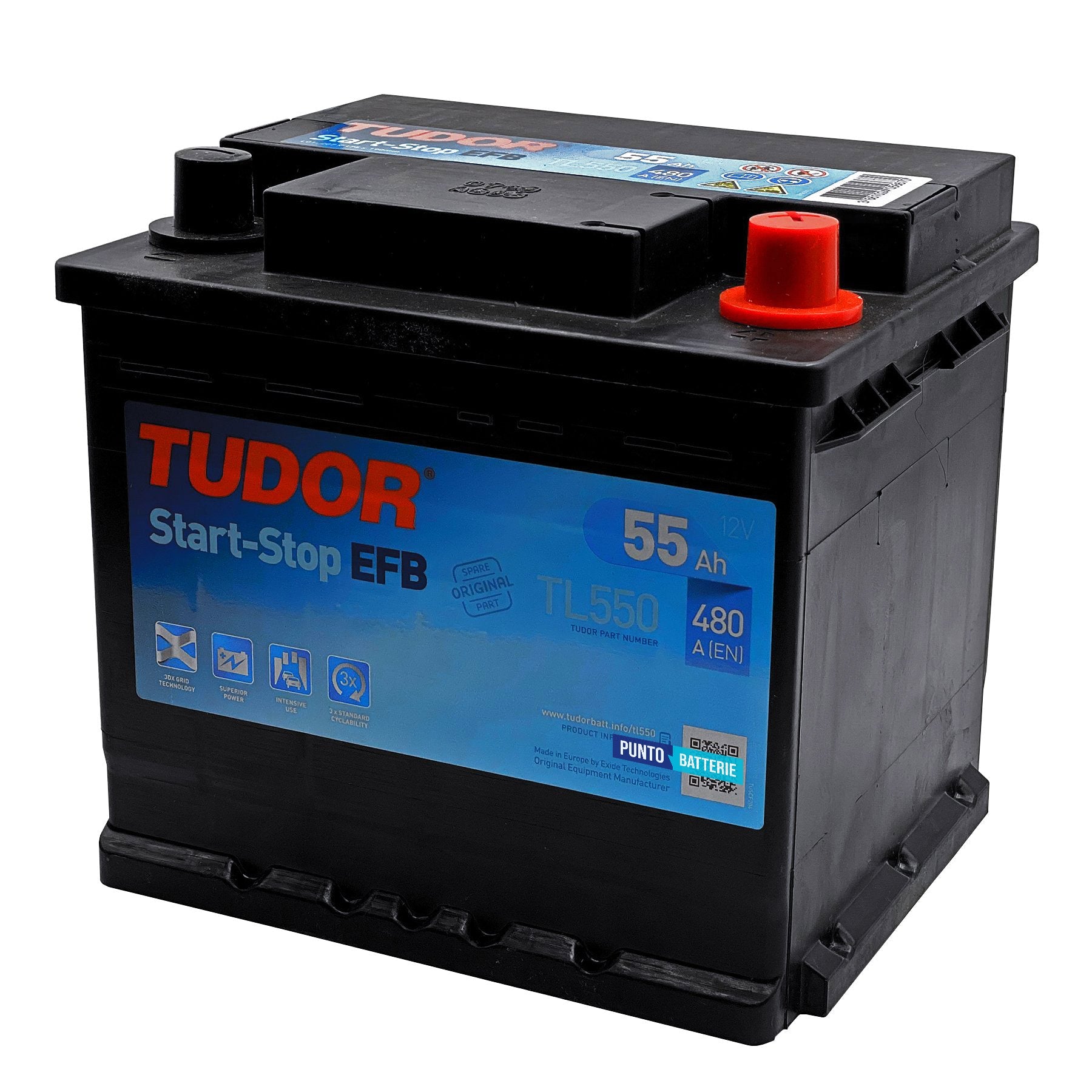 Batteria originale Tudor EFB TL550, dimensioni 207 x 175 x 190, polo positivo a destra, 12 volt, 55 amperora, 480 ampere, EFB. Batteria per auto e veicoli leggeri con start e stop.