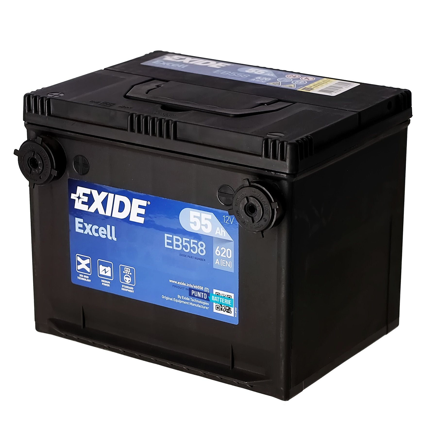 Batteria originale Exide Excell EB558, dimensioni 230 x 180 x 186, polo positivo a sinistra, 12 volt, 55 amperora, 620 ampere. Batteria per auto e veicoli leggeri.