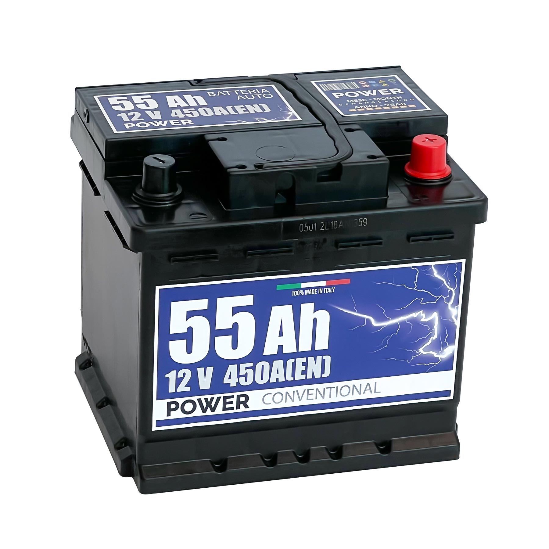 Batteria originale Power Conventional PB550, dimensioni 207 x 175 x 190, polo positivo a destra, 12 volt, 55 amperora, 450 ampere. Batteria per auto e veicoli leggeri.