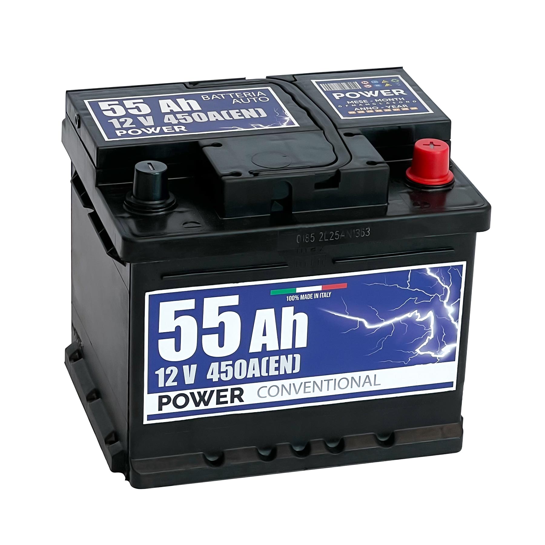 Batteria originale Power Conventional PB552, dimensioni 207 x 175 x 175, polo positivo a destra, 12 volt, 55 amperora, 450 ampere. Batteria per auto e veicoli leggeri.