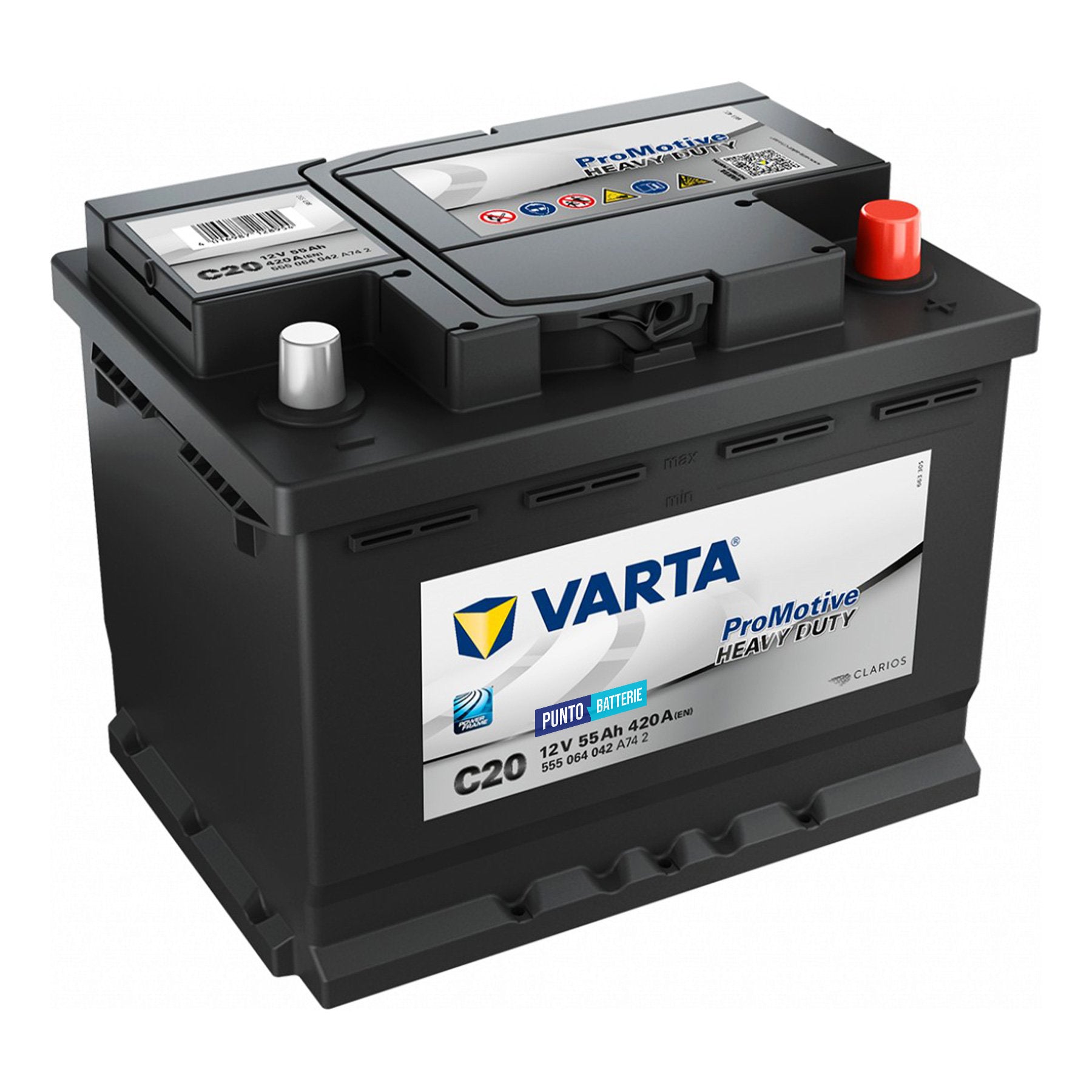 Batteria originale Varta Promotive Heavy Duty C20, dimensioni 242 x 175 x 190, polo positivo a destra, 12 volt, 55 amperora, 420 ampere. Batteria per camion e veicoli pesanti.