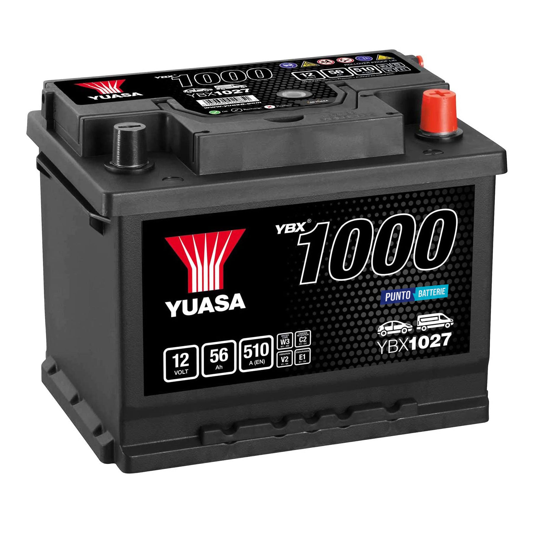 Batteria originale Yuasa YBX1000 YBX1027, dimensioni 243 x 175 x 190, polo positivo a destra, 12 volt, 56 amperora, 510 ampere. Batteria per auto e veicoli leggeri.
