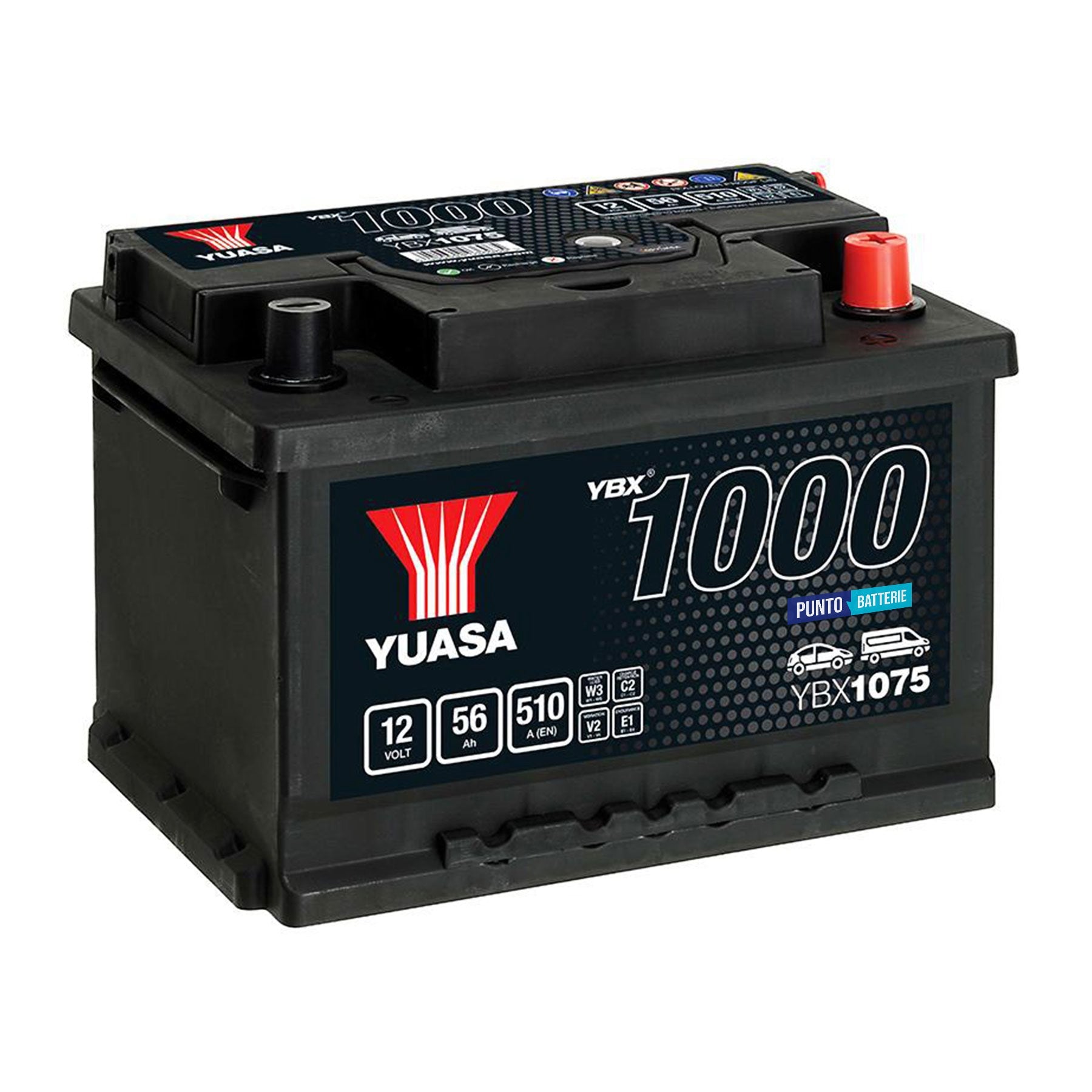 Batteria originale Yuasa YBX1000 YBX1075, dimensioni 243 x 175 x 175, polo positivo a destra, 12 volt, 56 amperora, 510 ampere. Batteria per auto e veicoli leggeri.