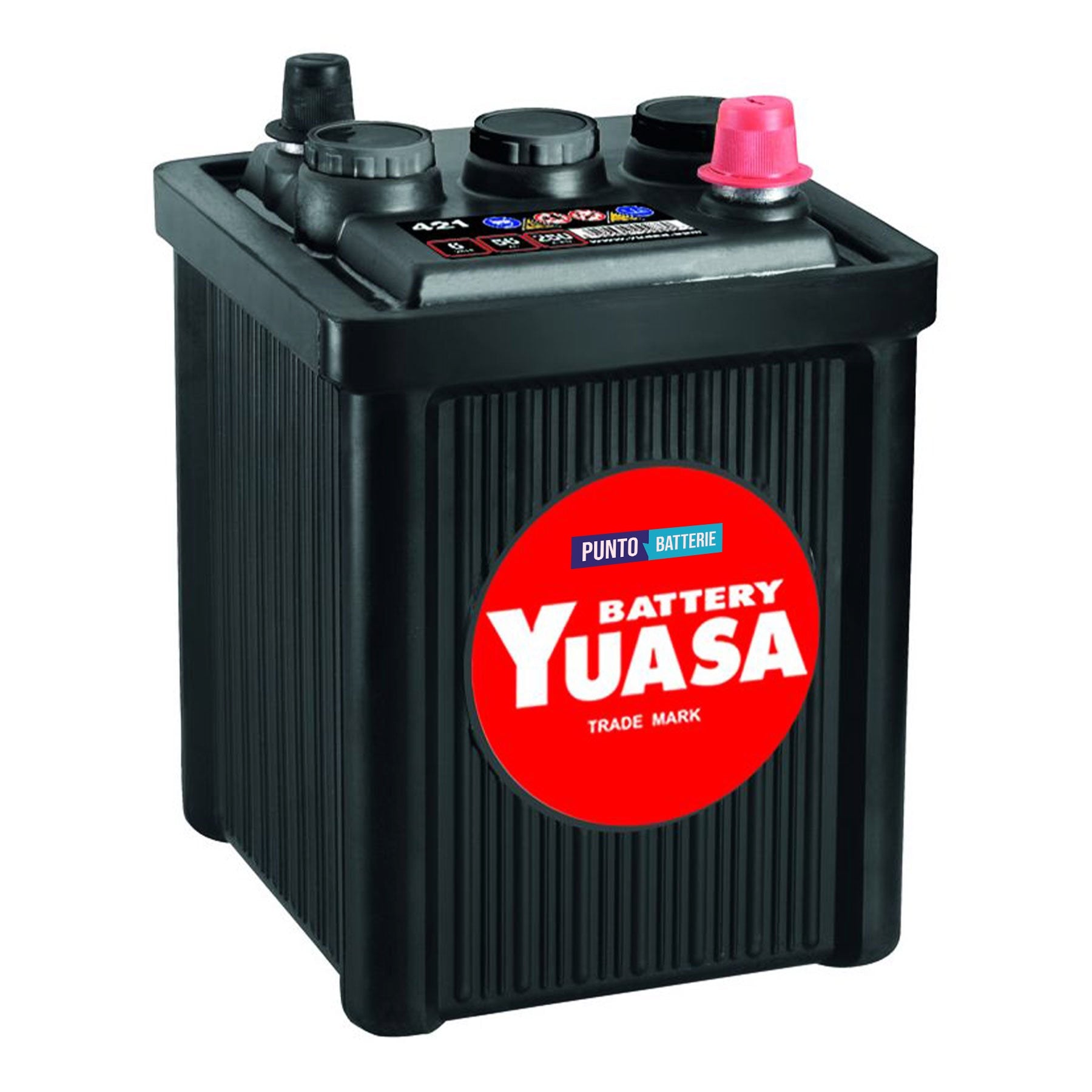 Batteria originale Yuasa Classic e Oldtimer 421, dimensioni 169 x 174 x 217, polo positivo a destra, 6 volt, 56 amperora, 250 ampere. Batteria per veicoli d'epoca.