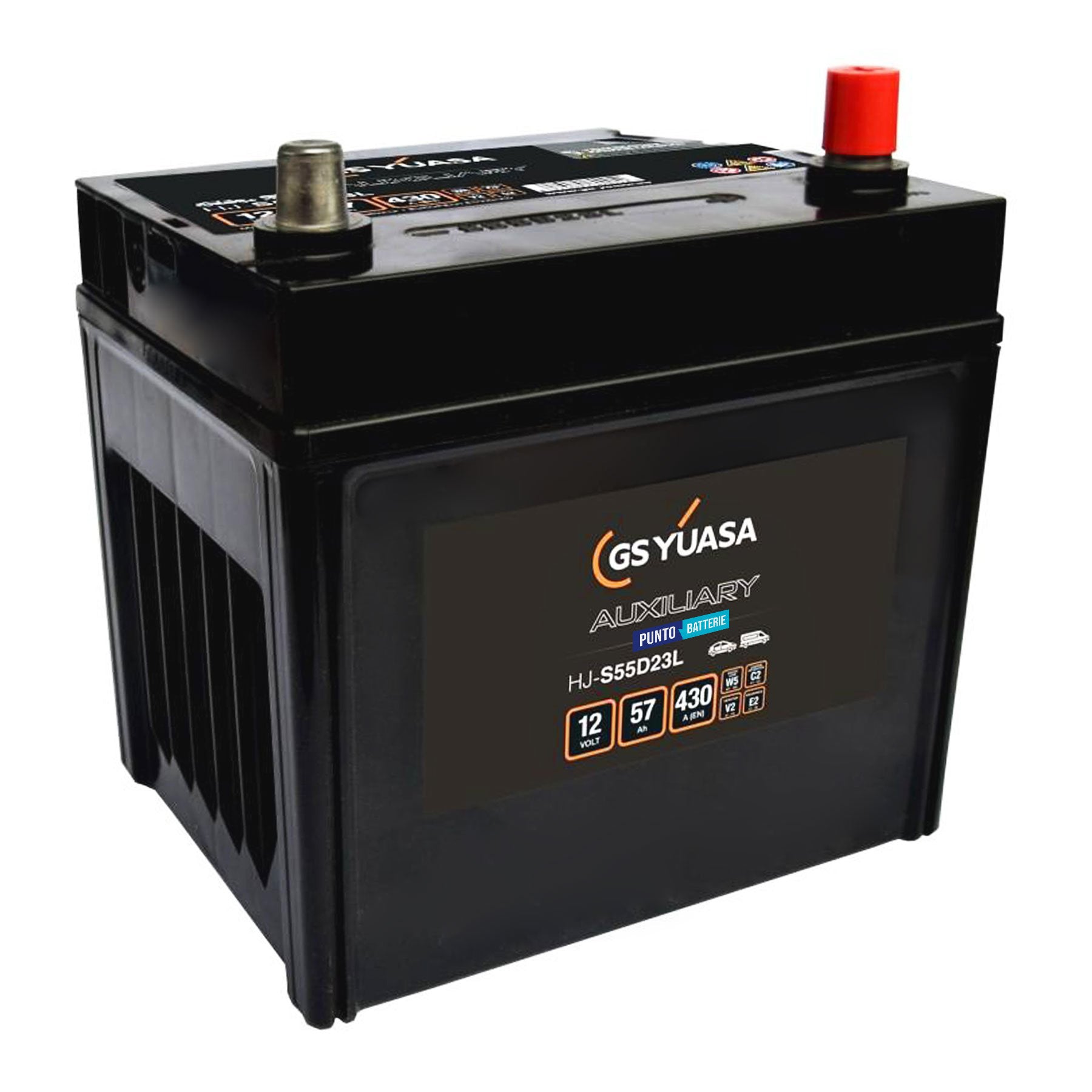 Batteria originale Yuasa Ausiliarie e Backup HJ-S55D23L, dimensioni 220 x 171 x 227, polo positivo a destra, 12 volt, 57 amperora, 430 ampere, AGM. Batteria ausiliaria per auto e veicoli leggeri con start e stop.