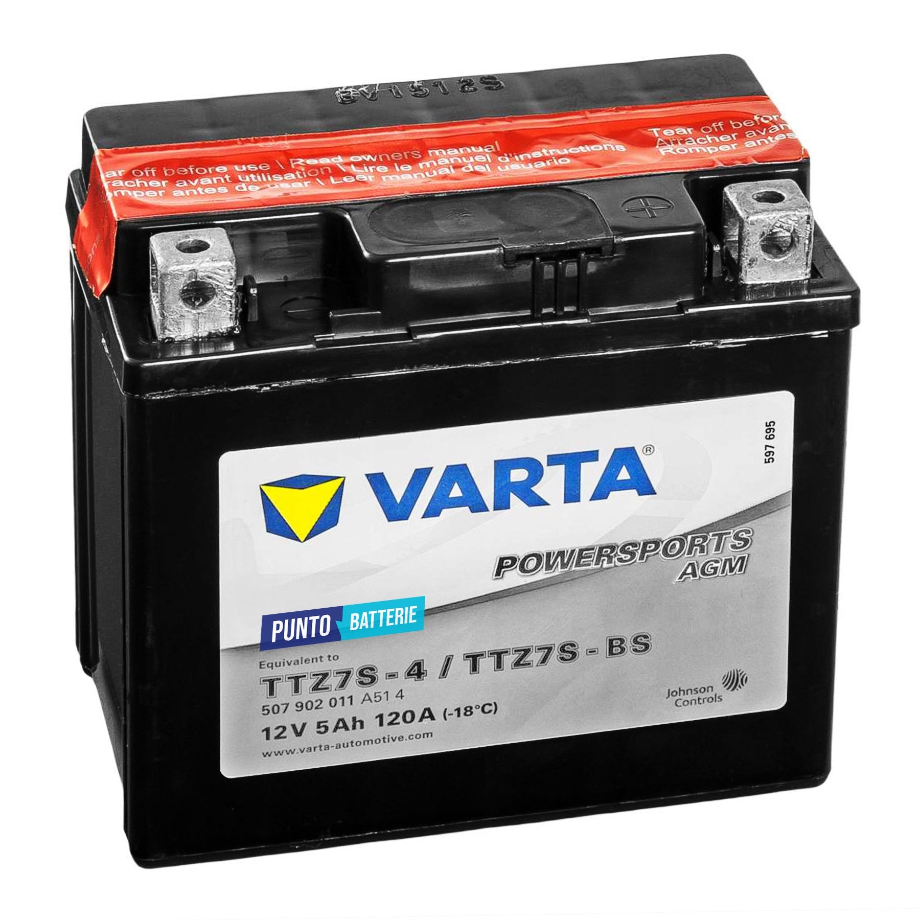 Batteria originale Varta Powersport AGM TTZ7S-4, dimensioni 113 x 70 x 105, polo positivo a destra, 12 volt, 5 amperora, 120 ampere. Batteria per moto, scooter e powersport.