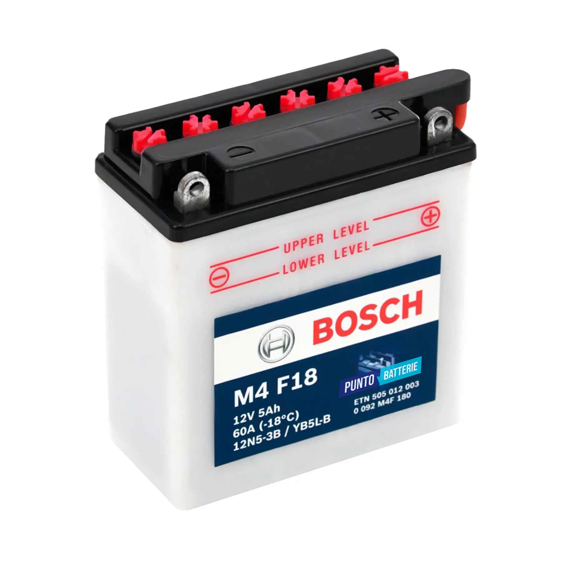 Batteria originale Bosch M4 M4F18, dimensioni 99 x 57 x 111, polo positivo a destra, 12 volt, 5 amperora, 60 ampere. Batteria per moto, scooter e powersport.
