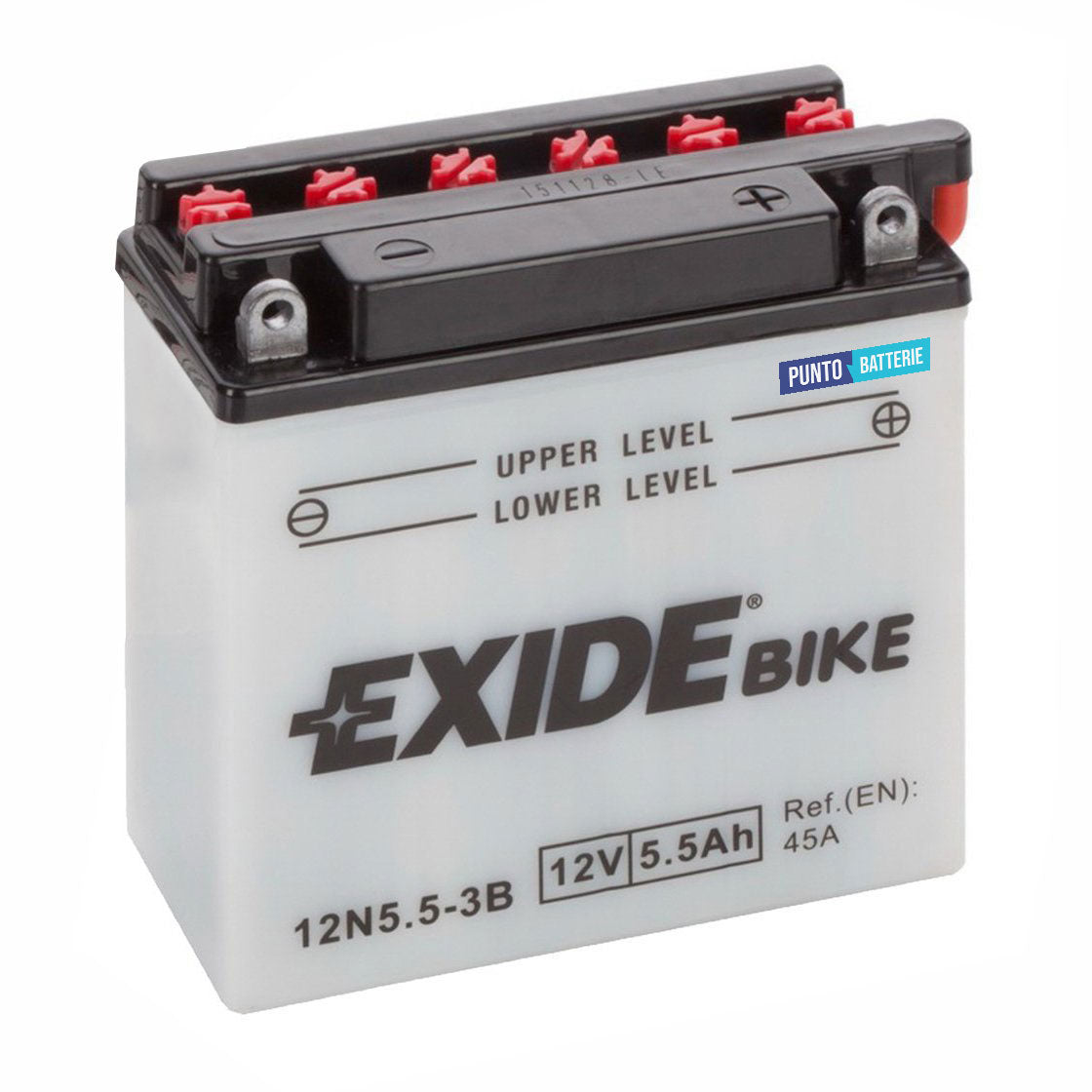Batteria originale Exide Conventional 12N5-5-3B, dimensioni 135 x 60 x 130, polo positivo a destra, 12 volt, 5 amperora, 45 ampere. Batteria per moto, scooter e powersport.