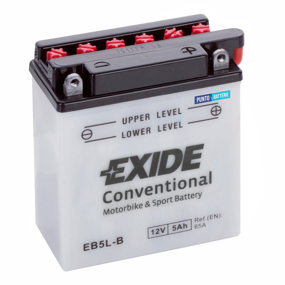 Batteria originale Exide Conventional EB5L-B, dimensioni 120 x 60 x 130, polo positivo a destra, 12 volt, 5 amperora, 65 ampere. Batteria per moto, scooter e powersport.