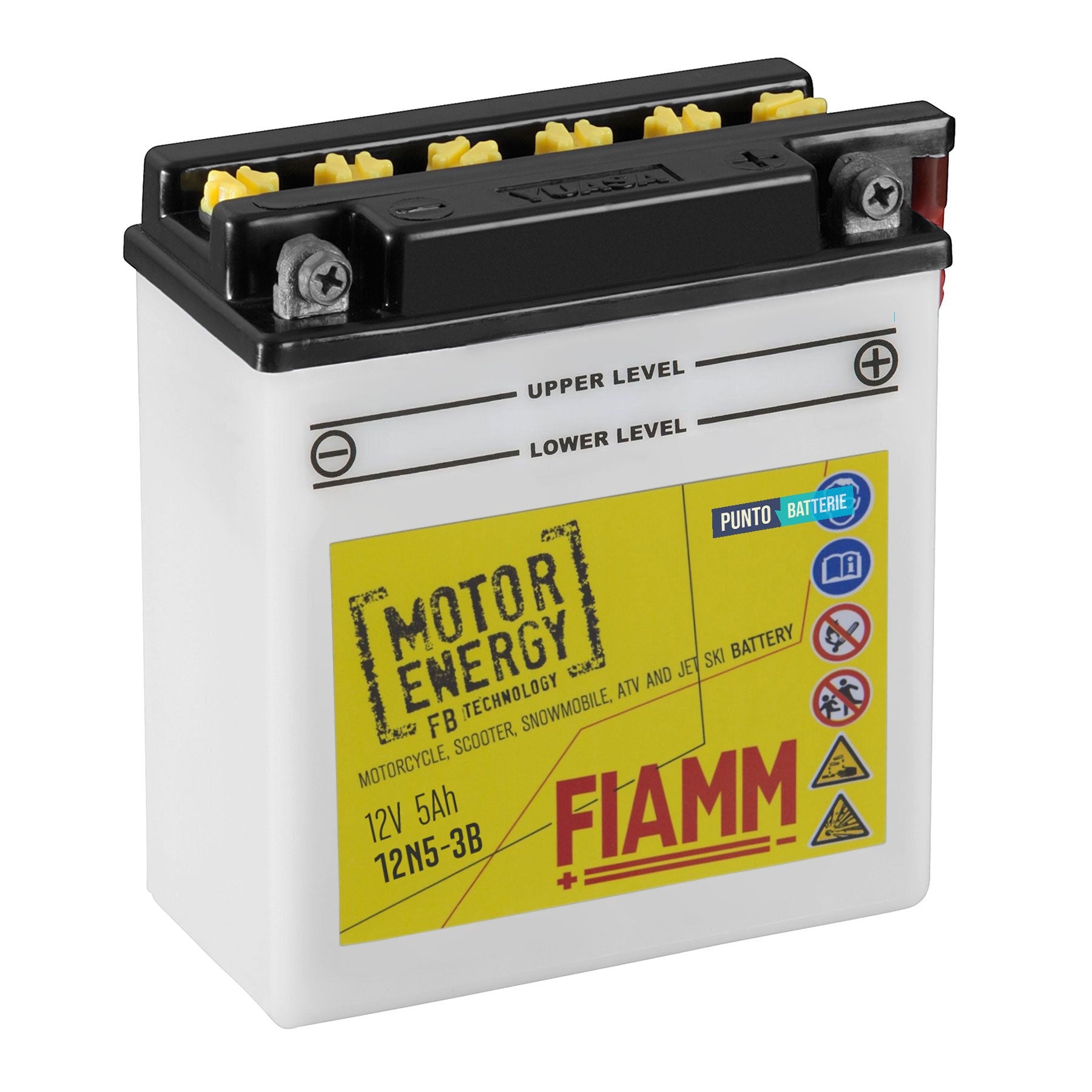 Batteria originale Fiamm Motor Energy FB 12N5-3B, dimensioni 120 x 60 x 130, polo positivo a destra, 12 volt, 5 amperora, 45 ampere. Batteria per moto, scooter e powersport.