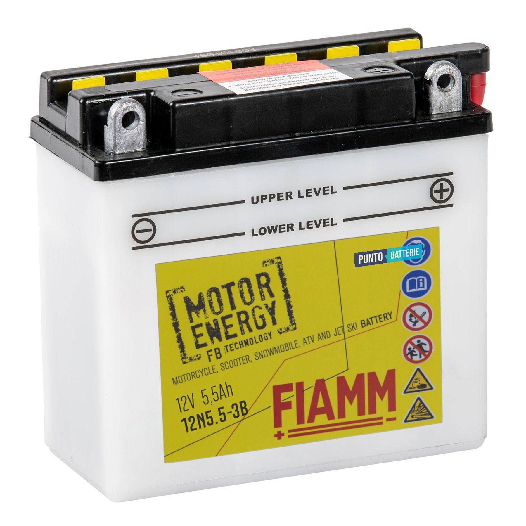 Batteria originale Fiamm Motor Energy FB 12N5-5-3B, dimensioni 135 x 60 x 130, polo positivo a destra, 12 volt, 5 amperora, 45 ampere. Batteria per moto, scooter e powersport.