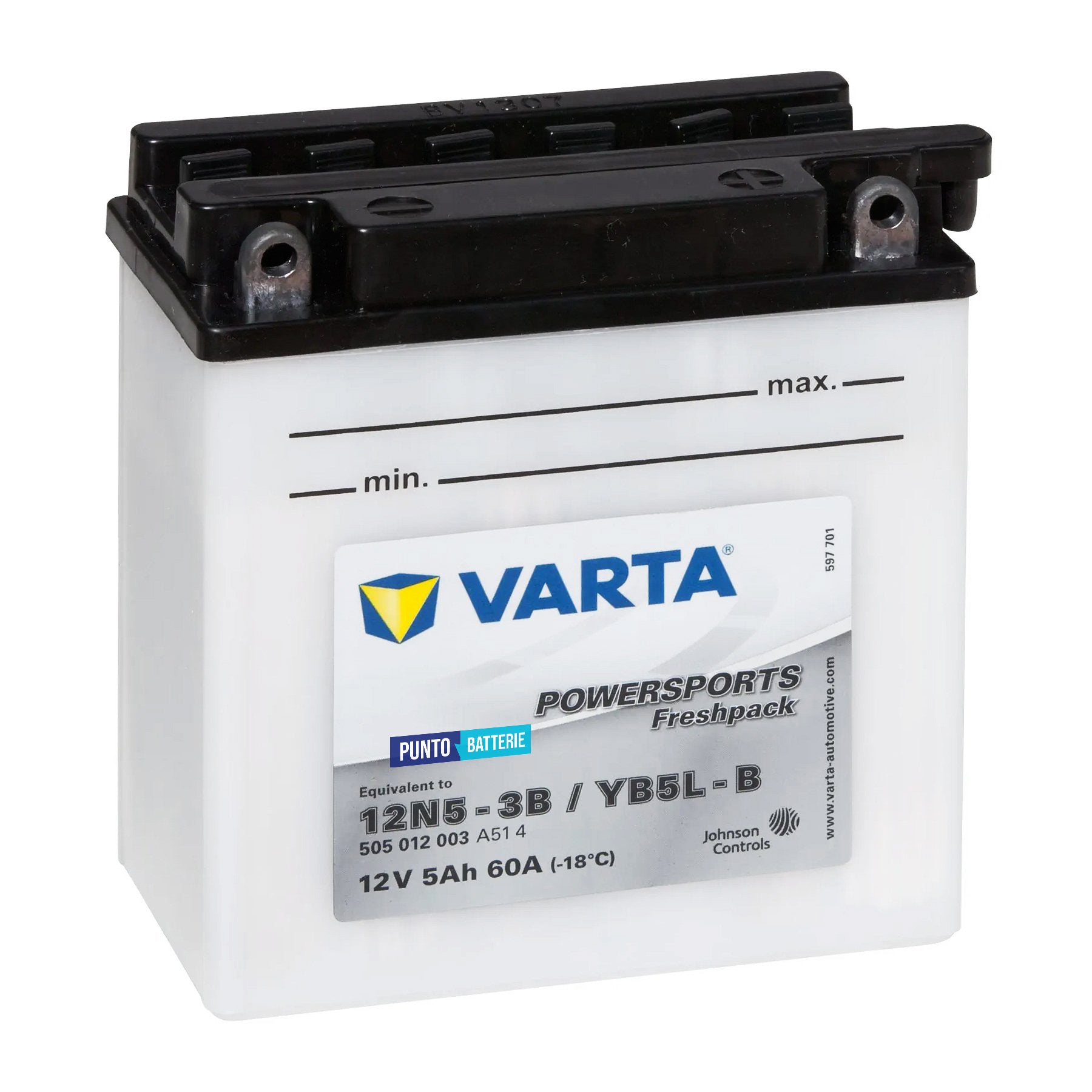 Batteria originale Varta Powersport Freshpack 12N5-3B, dimensioni 136 x 91 x 146, polo positivo a destra, 12 volt, 5 amperora, 60 ampere. Batteria per moto, scooter e powersport.