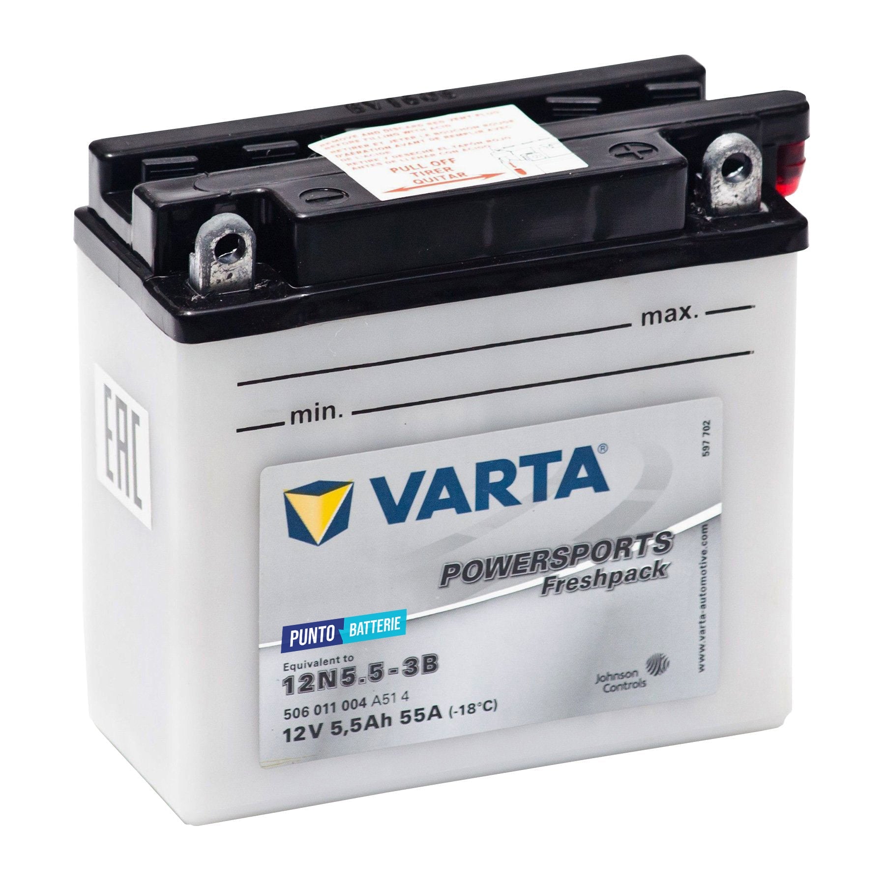 Batteria originale Varta Powersport Freshpack 12N5-5-3B, dimensioni 136 x 91 x 146, polo positivo a destra, 12 volt, 5 amperora, 55 ampere. Batteria per moto, scooter e powersport.