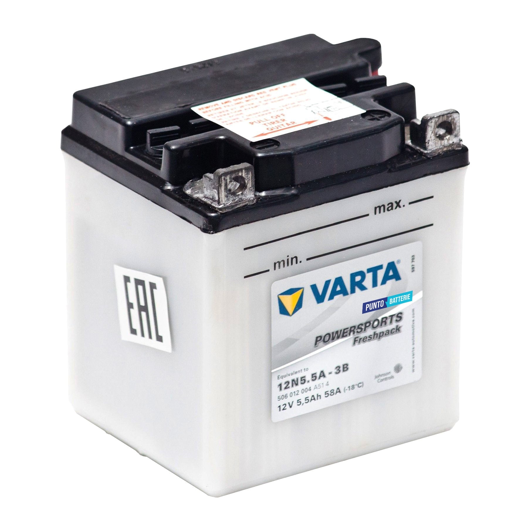 Batteria originale Varta Powersport Freshpack 12N5-5A-3B, dimensioni 186 x 125 x 178, polo positivo a destra, 12 volt, 5 amperora, 58 ampere. Batteria per moto, scooter e powersport.