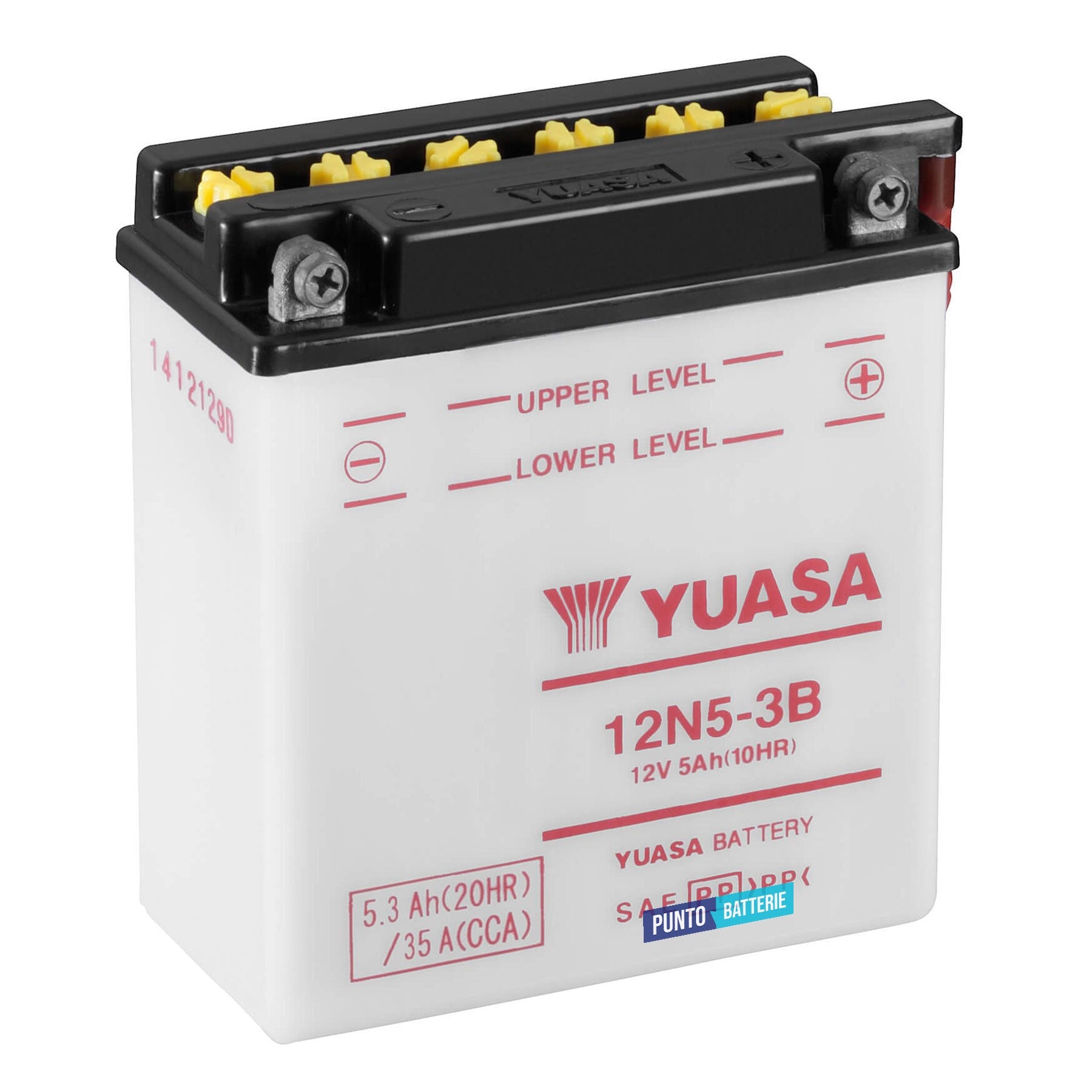 Batteria originale Yuasa Conventional 12N5-3B, dimensioni 120 x 60 x 130, polo positivo a destra, 12 volt, 5 amperora, 35 ampere. Batteria per moto, scooter e powersport.