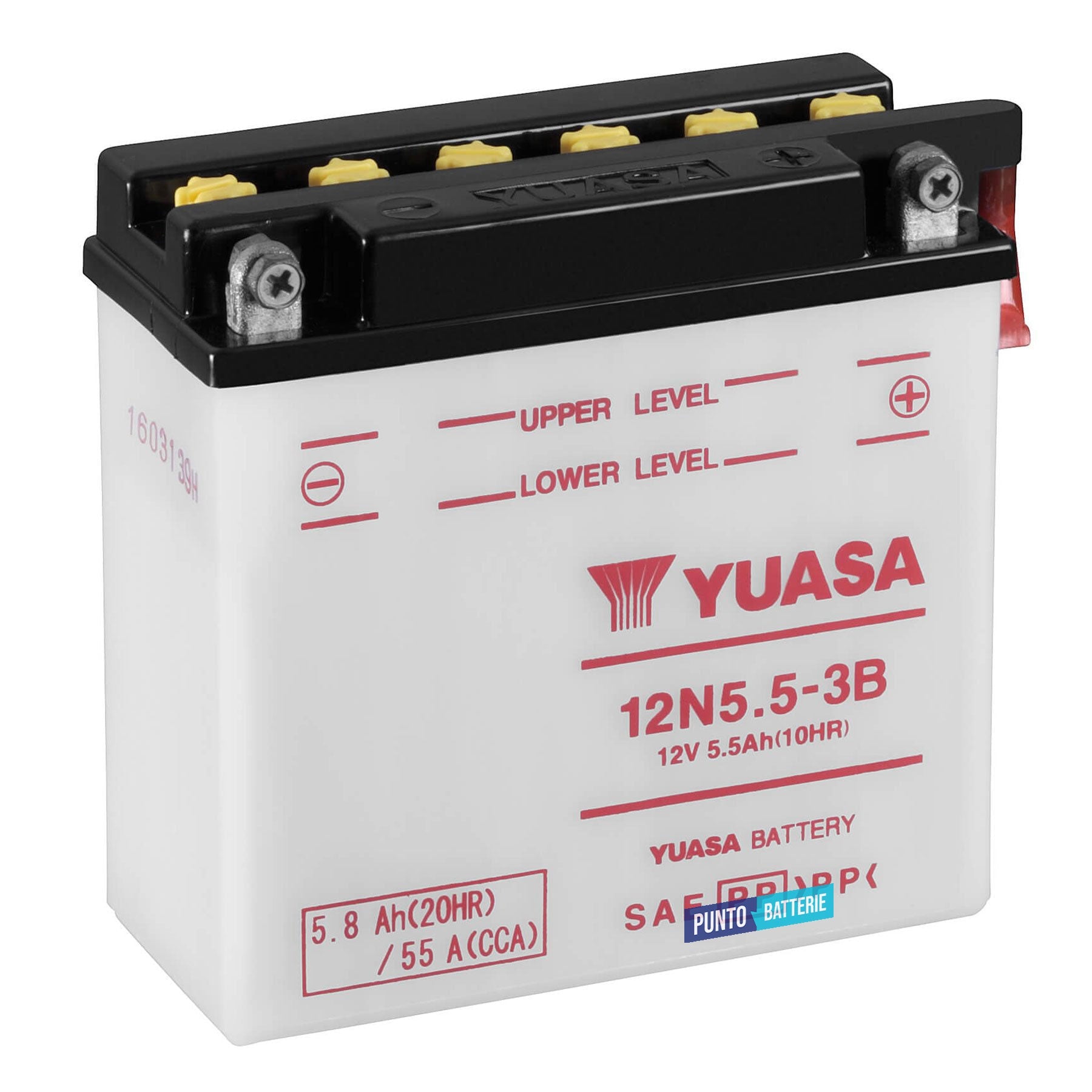 Batteria originale Yuasa Conventional 12N5-5-3B, dimensioni 135 x 60 x 130, polo positivo a destra, 12 volt, 5 amperora, 55 ampere. Batteria per moto, scooter e powersport.