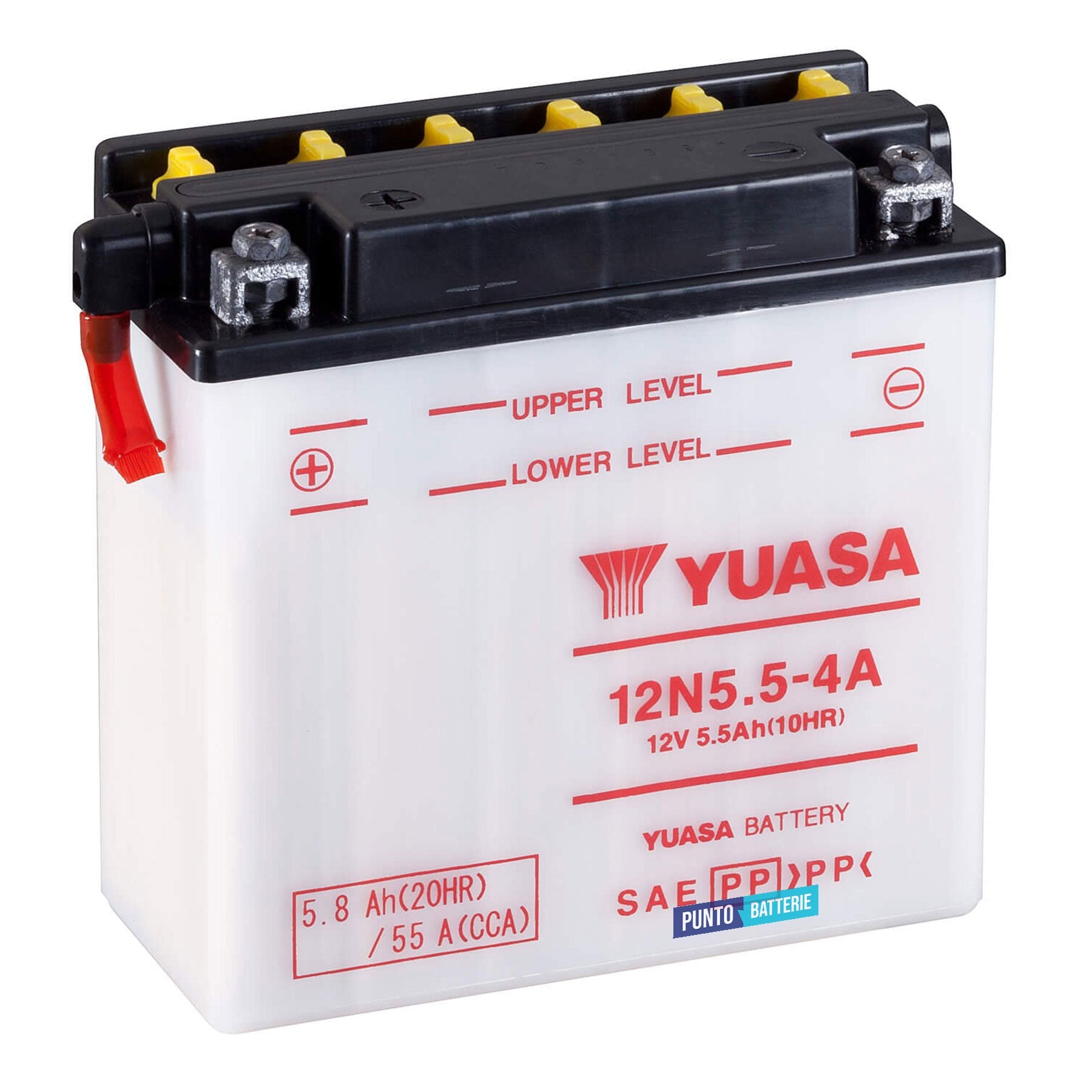 Batteria originale Yuasa Conventional 12N5-5-4A, dimensioni 135 x 60 x 130, polo positivo a sinistra, 12 volt, 5 amperora, 55 ampere. Batteria per moto, scooter e powersport.