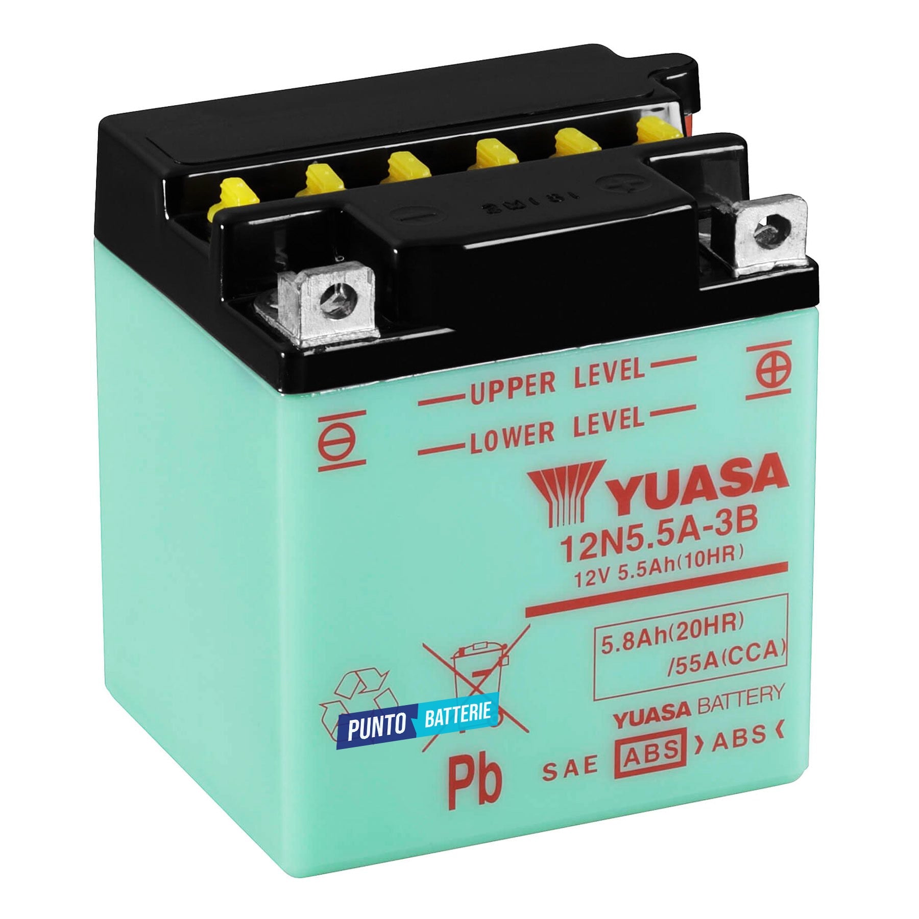 Batteria originale Yuasa Conventional 12N5-5A-3B, dimensioni 103 x 90 x 114, polo positivo a destra, 12 volt, 5 amperora, 55 ampere. Batteria per moto, scooter e powersport.