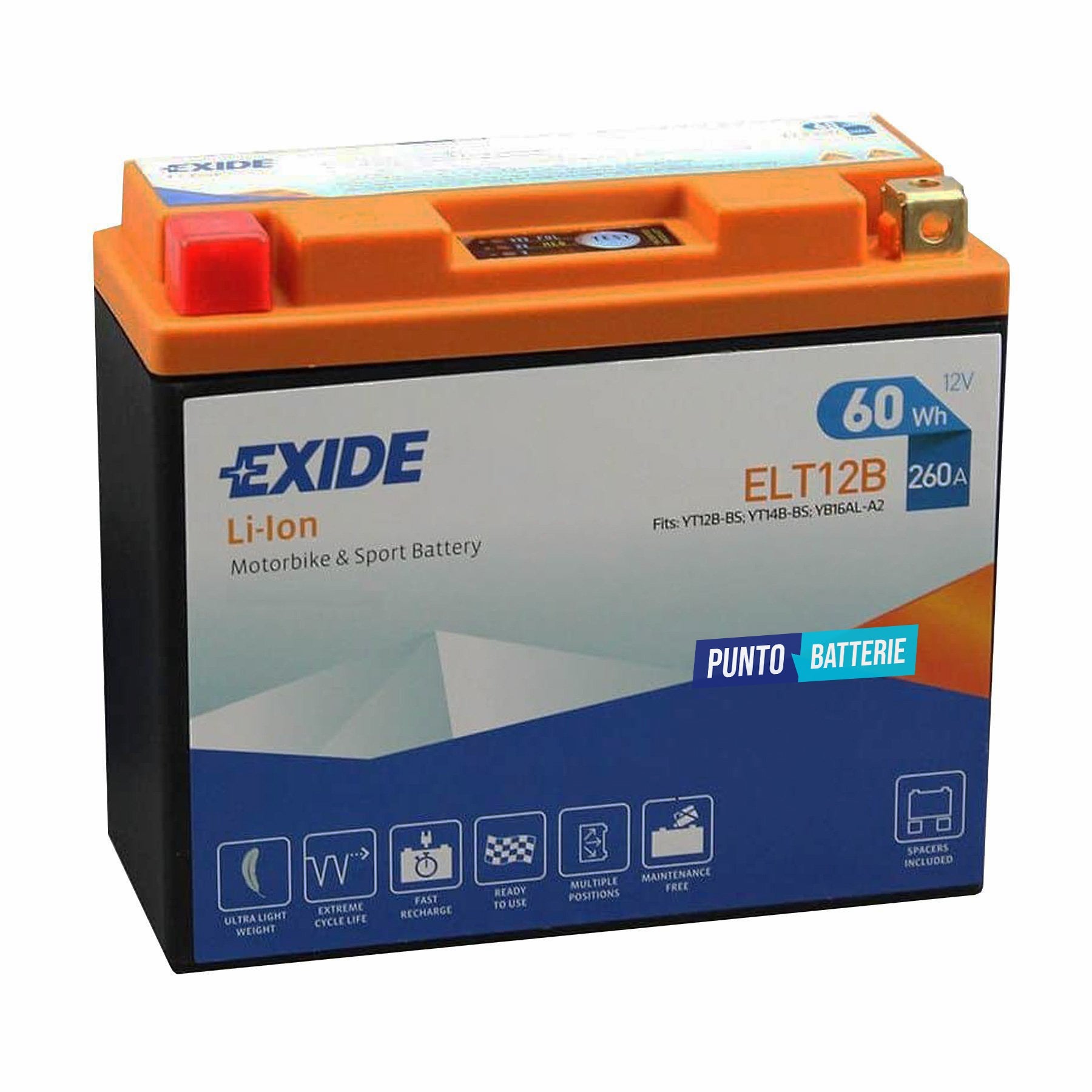 Batteria originale Exide LI-ION ELT12B, dimensioni 150 x 70 x 130, polo positivo a sinistra, 12 volt, 5 amperora, 260 ampere. Batteria per moto, scooter e powersport.