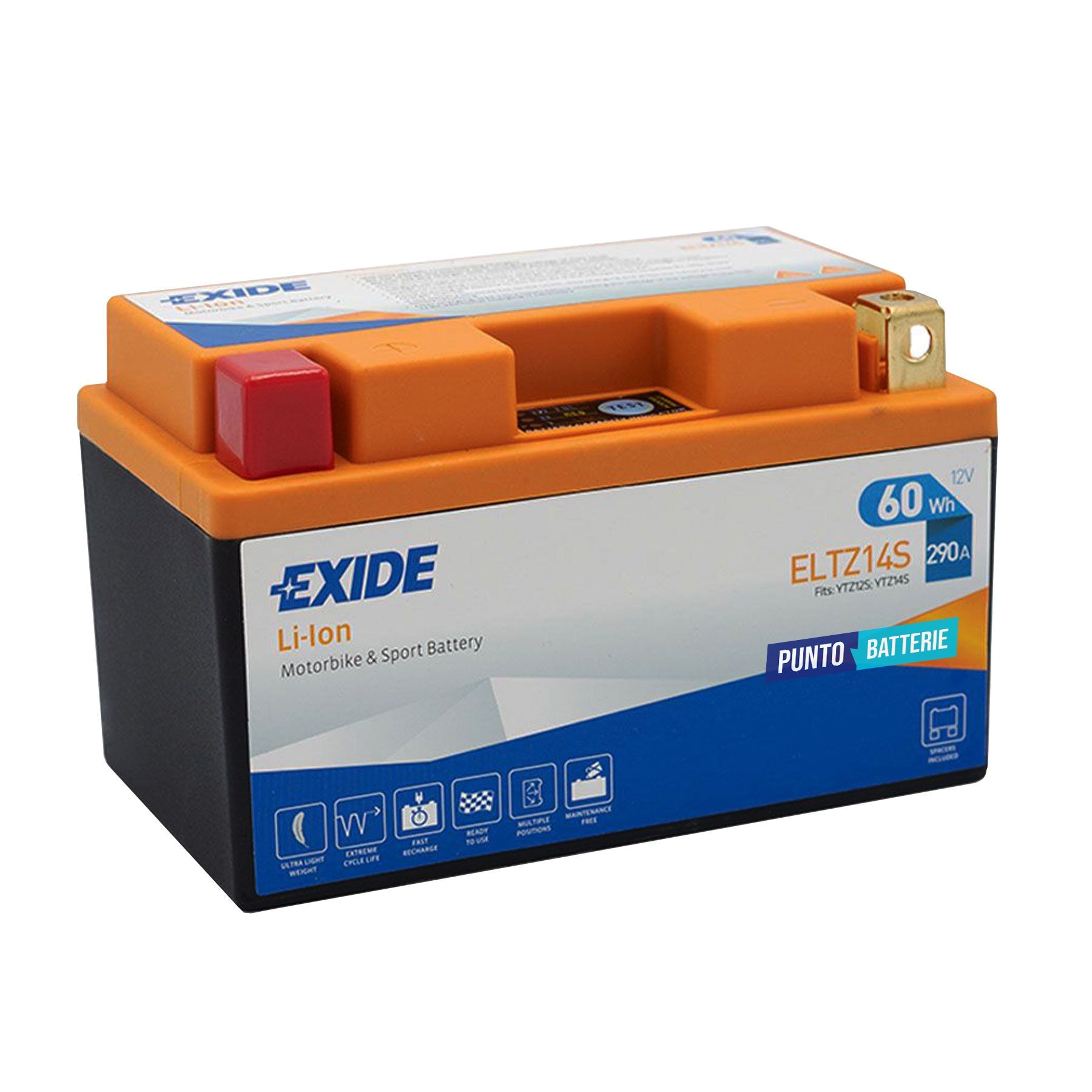 Batteria originale Exide LI-ION ELTZ14S, dimensioni 150 x 90 x 95, polo positivo a sinistra, 12 volt, 5 amperora, 290 ampere. Batteria per moto, scooter e powersport.