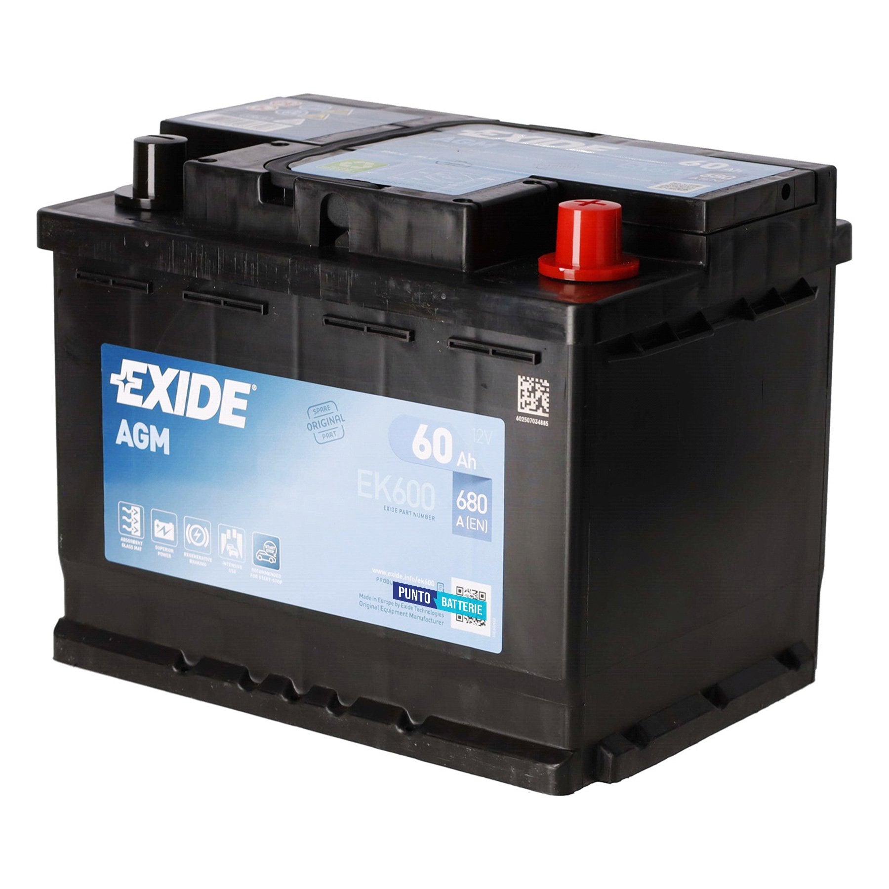 Batteria originale Exide AGM EK600, dimensioni 242 x 175 x 190, polo positivo a destra, 12 volt, 60 amperora, 680 ampere, AGM. Batteria per auto e veicoli leggeri con start e stop.
