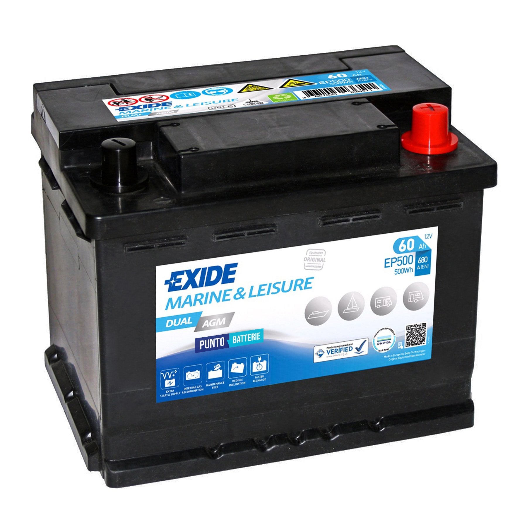 Batteria originale Exide Dual AGM EP500, dimensioni 242 x 175 x 190, 12 volt, 60 amperora, AGM. Batteria per servizi di camper, barca e applicazioni a scarica lenta.