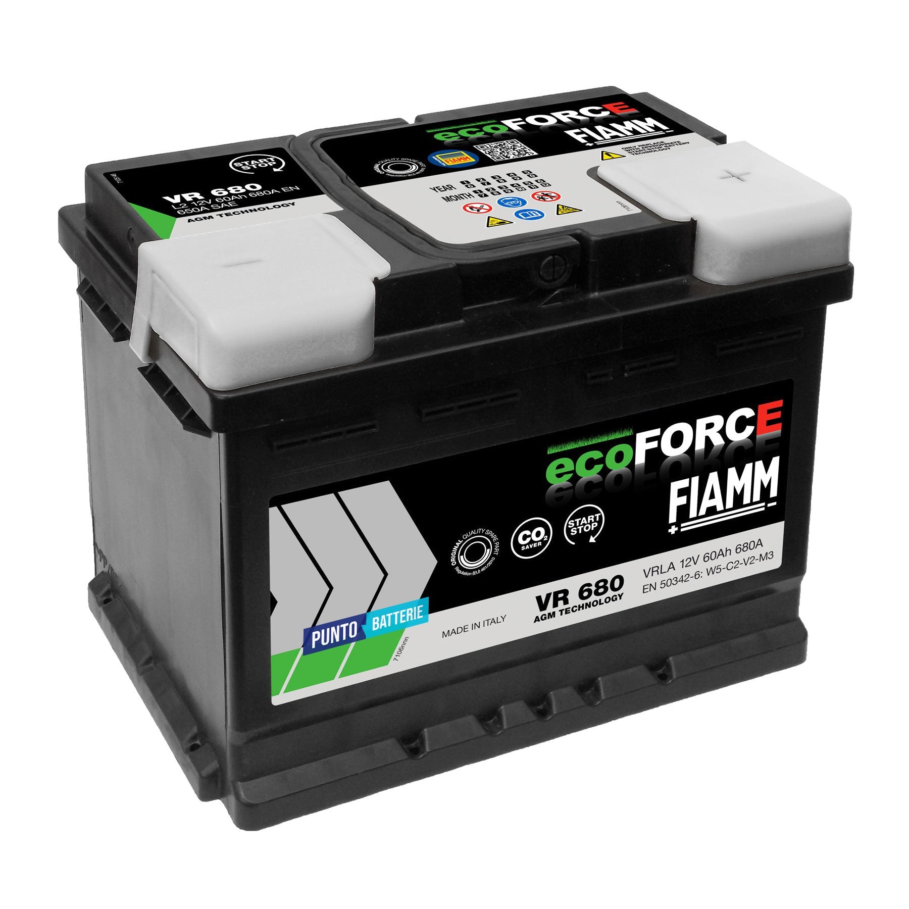 Batteria originale Fiamm EcoFORCE AGM VR 680, dimensioni 242 x 176 x 190, polo positivo a destra, 12 volt, 60 amperora, 680 ampere, AGM. Batteria per auto e veicoli leggeri con start e stop.