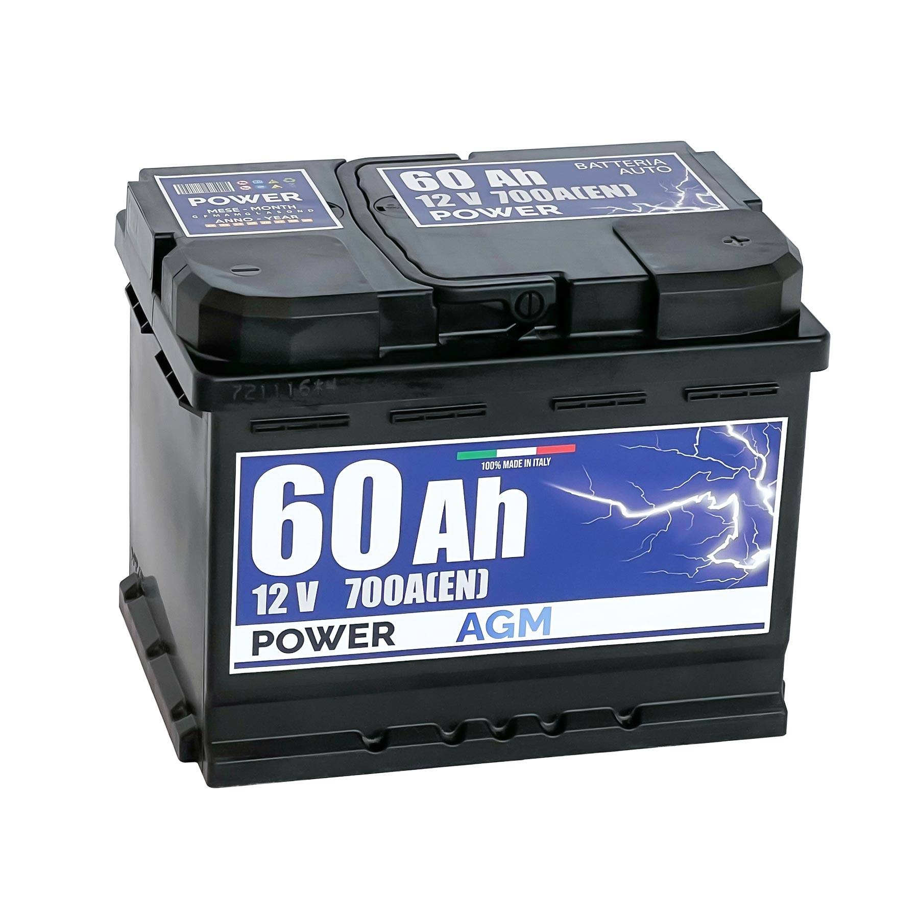 Batteria originale Power AGM PK600, dimensioni 242 x 175 x 190, polo positivo a destra, 12 volt, 60 amperora, 700 ampere, AGM. Batteria per auto e veicoli leggeri con start e stop.