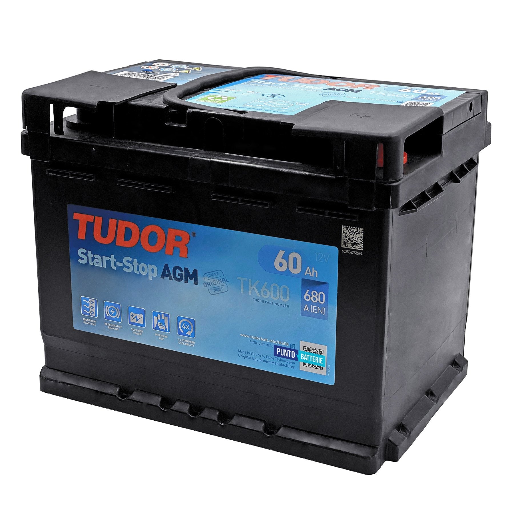 Batteria originale Tudor AGM TK600, dimensioni 242 x 175 x 190, polo positivo a destra, 12 volt, 60 amperora, 680 ampere, AGM. Batteria per auto e veicoli leggeri con start e stop.