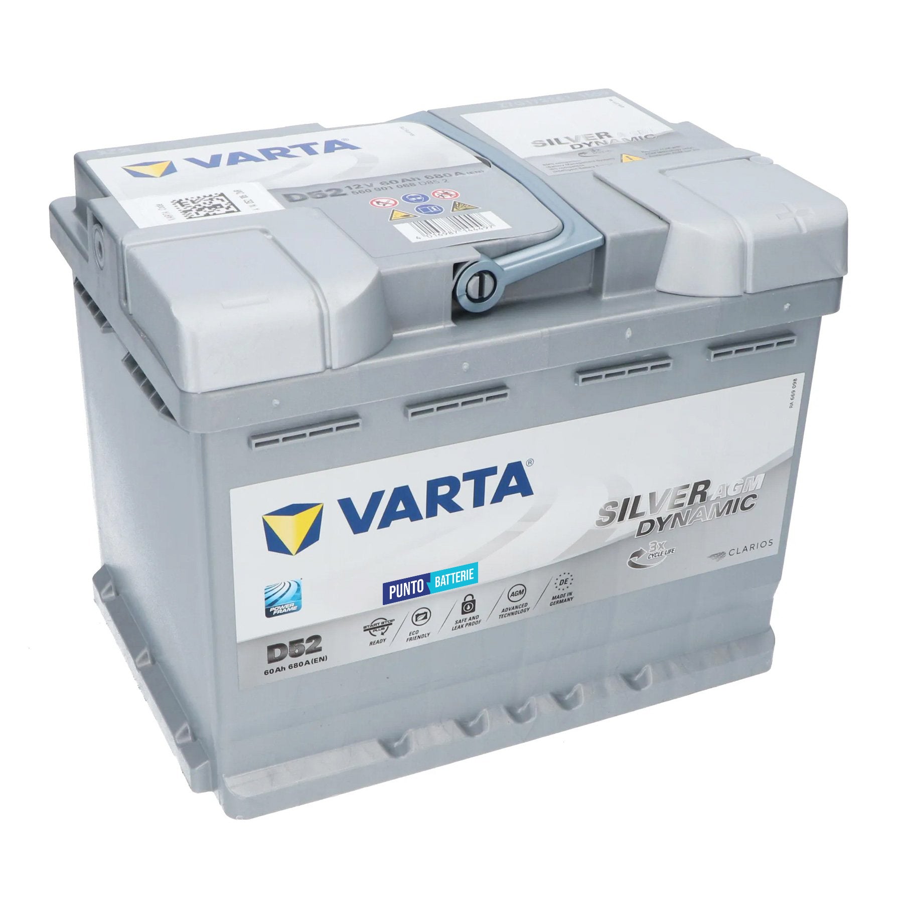 Batteria originale Varta Silver Dynamic AGM D52, dimensioni 242 x 175 x 190, polo positivo a destra, 12 volt, 60 amperora, 680 ampere, AGM. Batteria per auto e veicoli leggeri con start e stop.