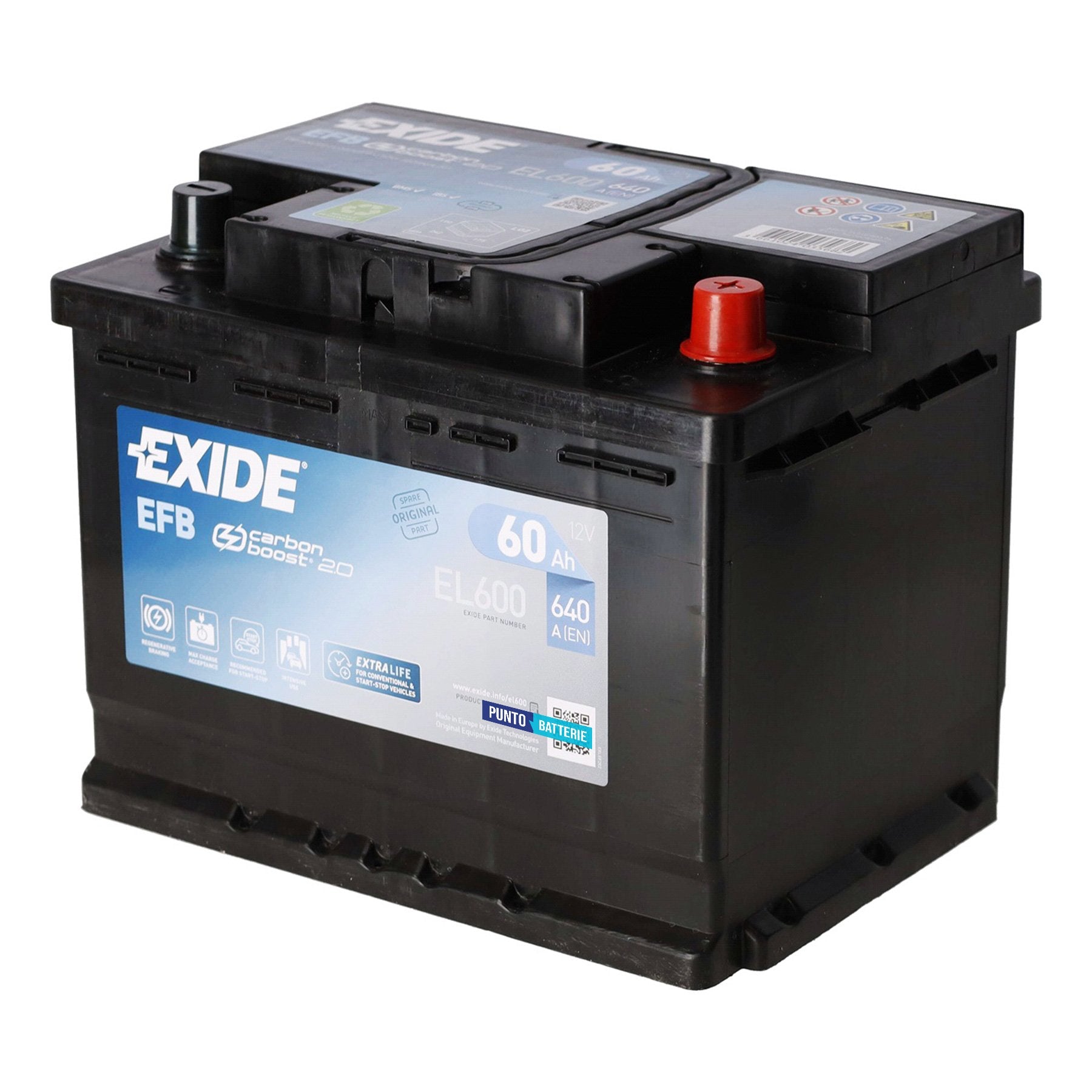 Batteria originale Exide EFB EL600, dimensioni 242 x 175 x 190, polo positivo a destra, 12 volt, 60 amperora, 640 ampere, EFB. Batteria per auto e veicoli leggeri con start e stop.