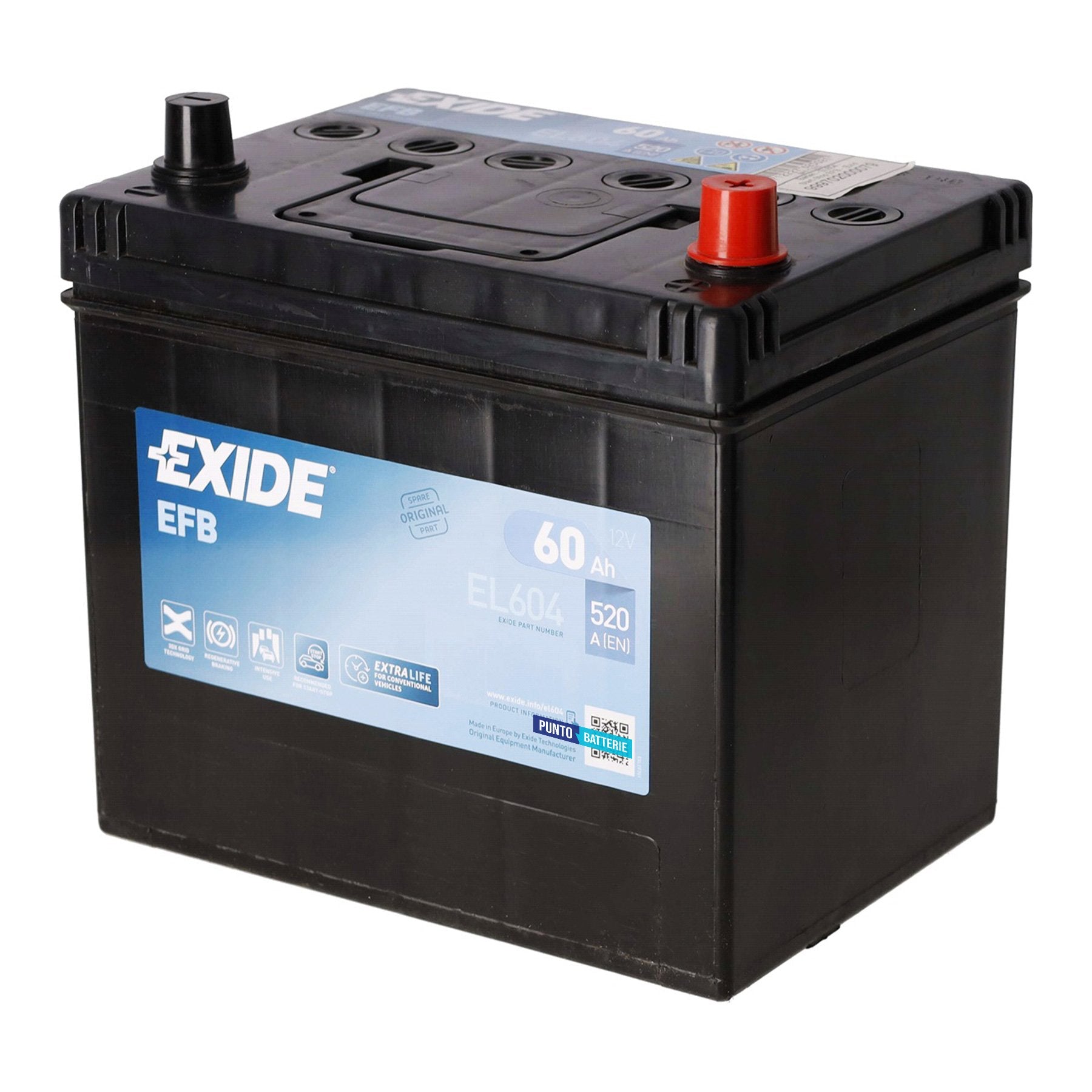 Batteria originale Exide EFB EL604, dimensioni 230 x 173 x 222, polo positivo a destra, 12 volt, 60 amperora, 520 ampere, EFB. Batteria per auto e veicoli leggeri con start e stop.
