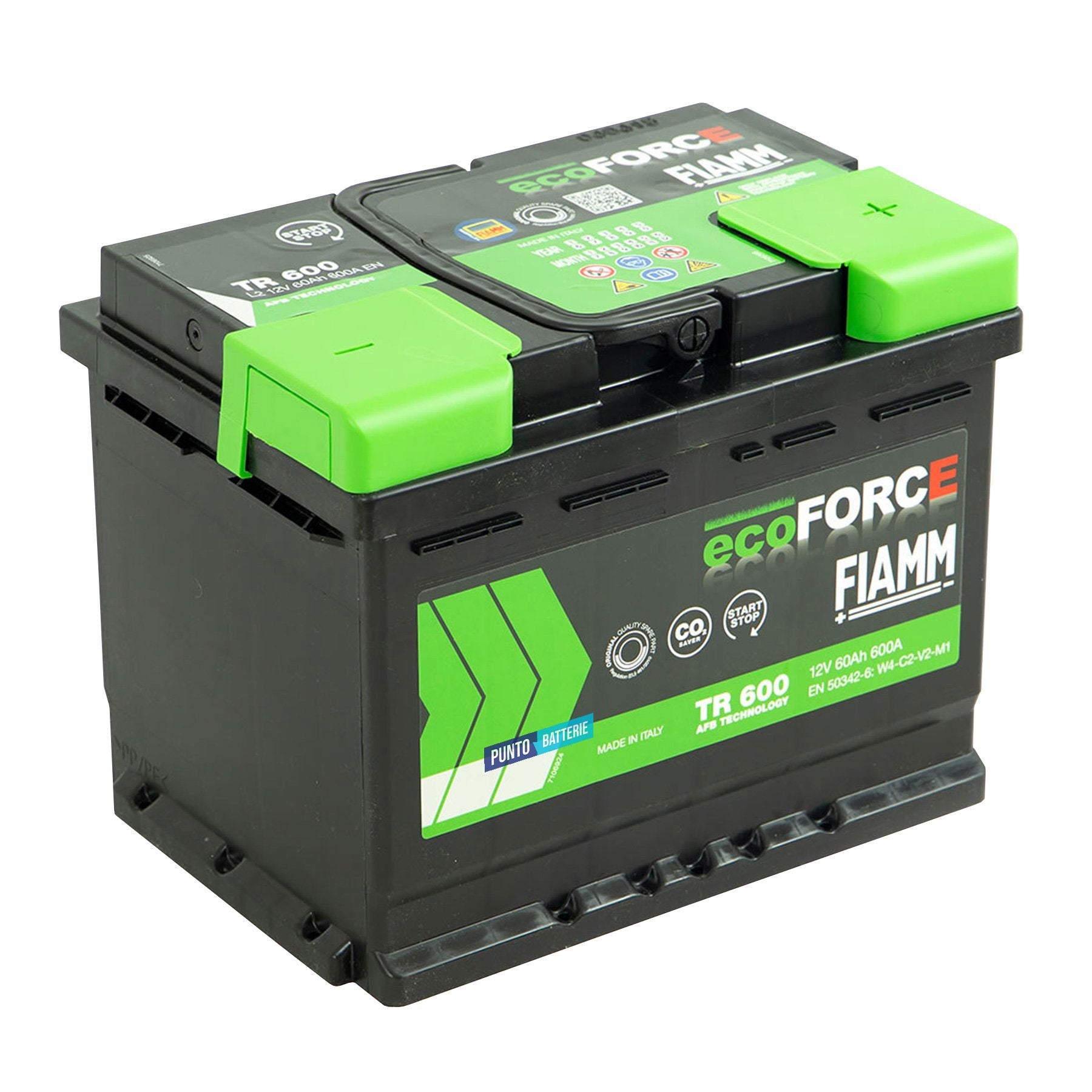 Batteria originale Fiamm EcoFORCE AFB TR 600, dimensioni 242 x 175 x 190, polo positivo a destra, 12 volt, 60 amperora, 600 ampere, EFB. Batteria per auto e veicoli leggeri con start e stop.