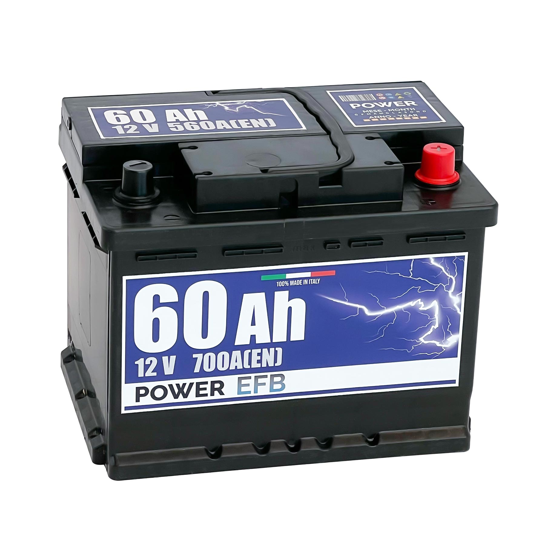 Batteria originale Power EFB PL600, dimensioni 242 x 175 x 190, polo positivo a destra, 12 volt, 60 amperora, 560 ampere, EFB. Batteria per auto e veicoli leggeri con start e stop.