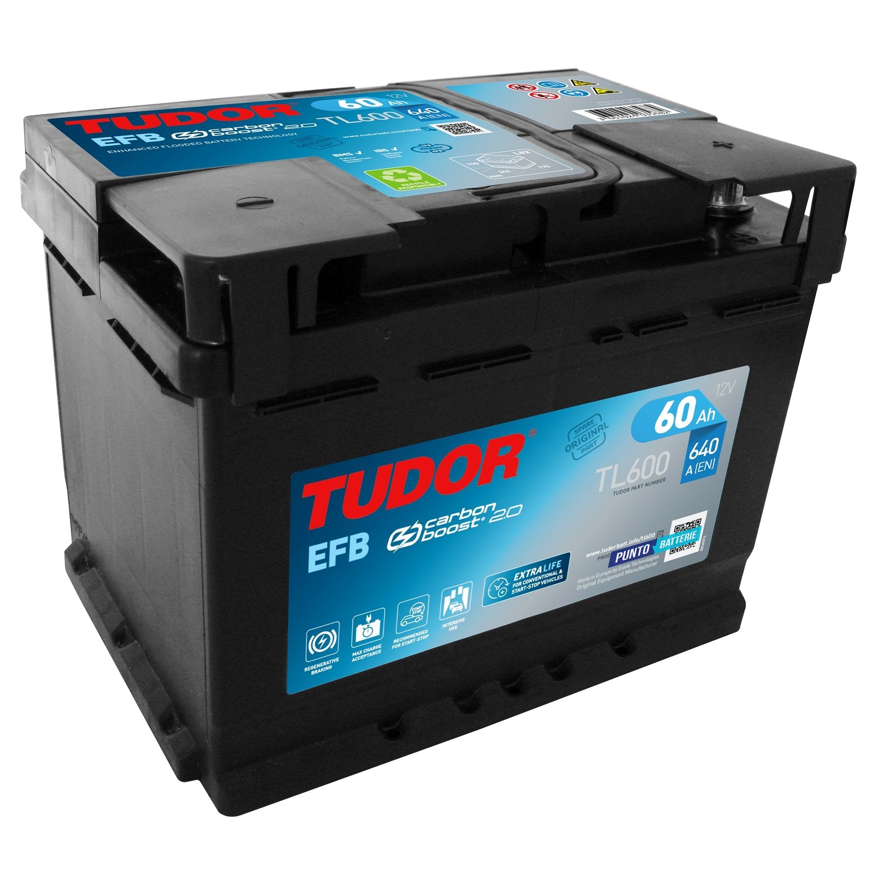 Batteria originale Tudor EFB TL600, dimensioni 242 x 175 x 190, polo positivo a destra, 12 volt, 60 amperora, 640 ampere, EFB. Batteria per auto e veicoli leggeri con start e stop.