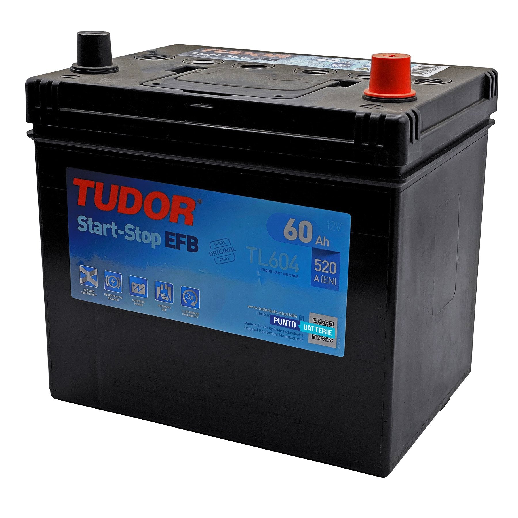 Batteria originale Tudor EFB TL604, dimensioni 230 x 173 x 222, polo positivo a destra, 12 volt, 60 amperora, 520 ampere, EFB. Batteria per auto e veicoli leggeri con start e stop.
