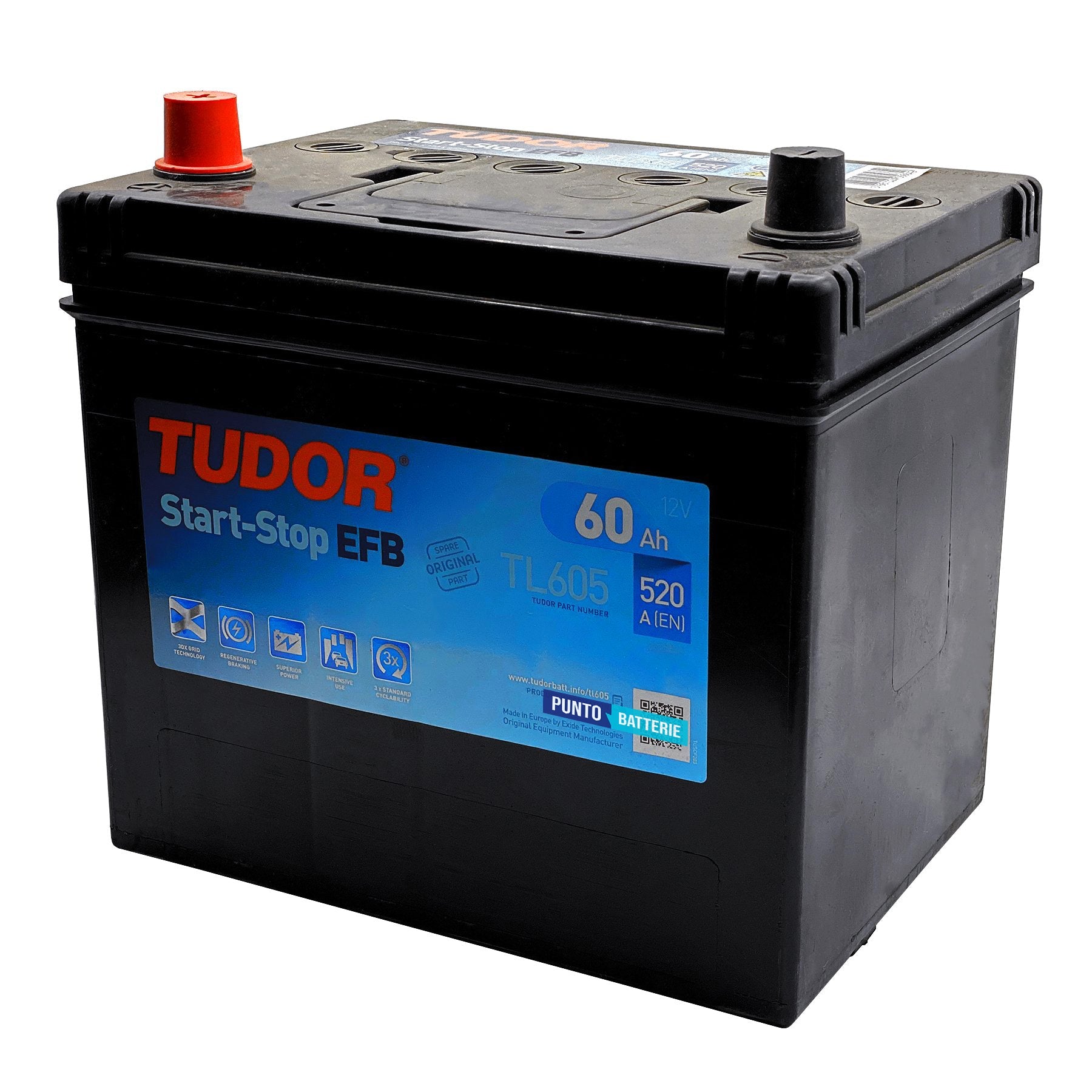Batteria originale Tudor EFB TL605, dimensioni 230 x 173 x 222, polo positivo a sinistra, 12 volt, 60 amperora, 520 ampere, EFB. Batteria per auto e veicoli leggeri con start e stop.
