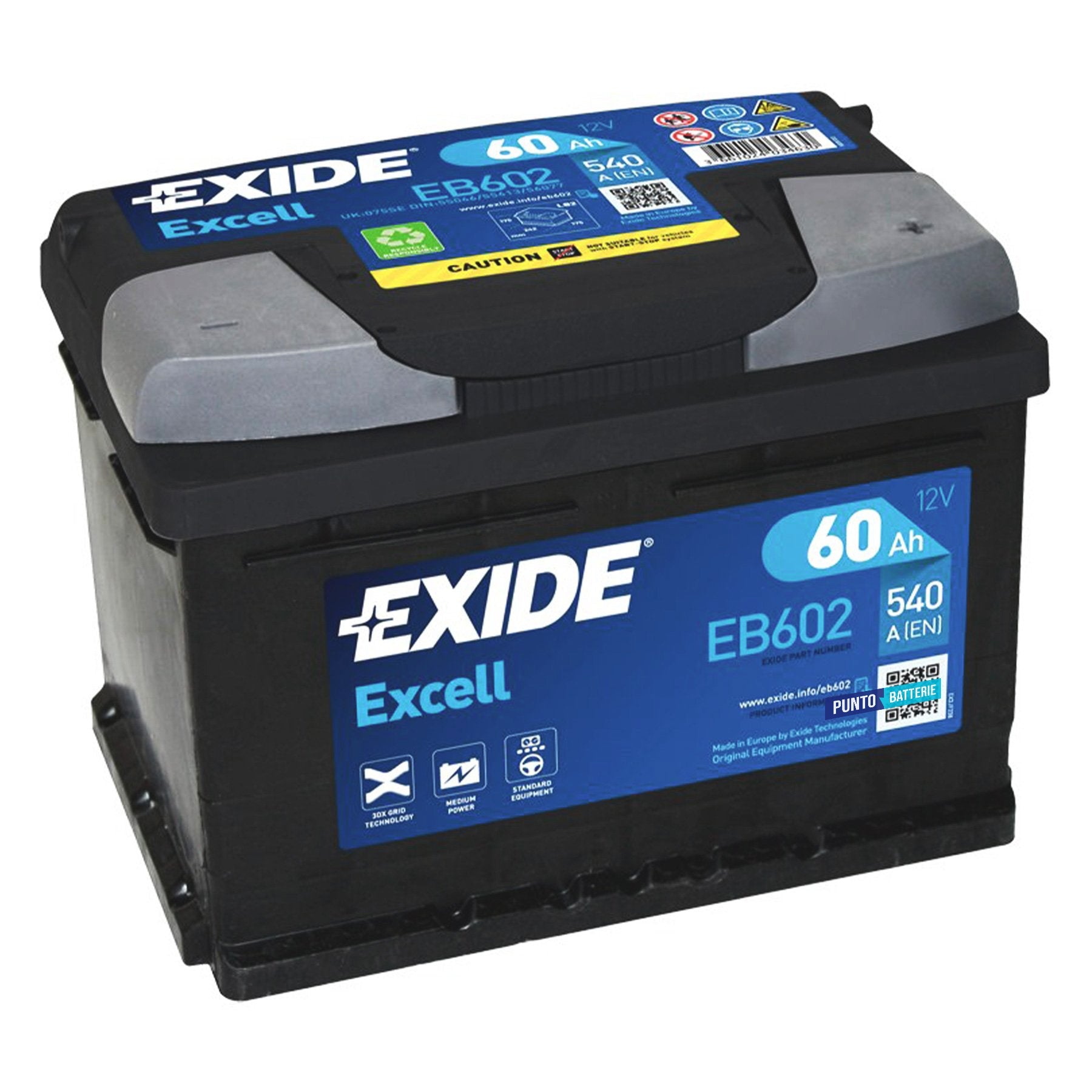 Batteria originale Exide Excell EB602, dimensioni 242 x 175 x 175, polo positivo a destra, 12 volt, 60 amperora, 540 ampere. Batteria per auto e veicoli leggeri.