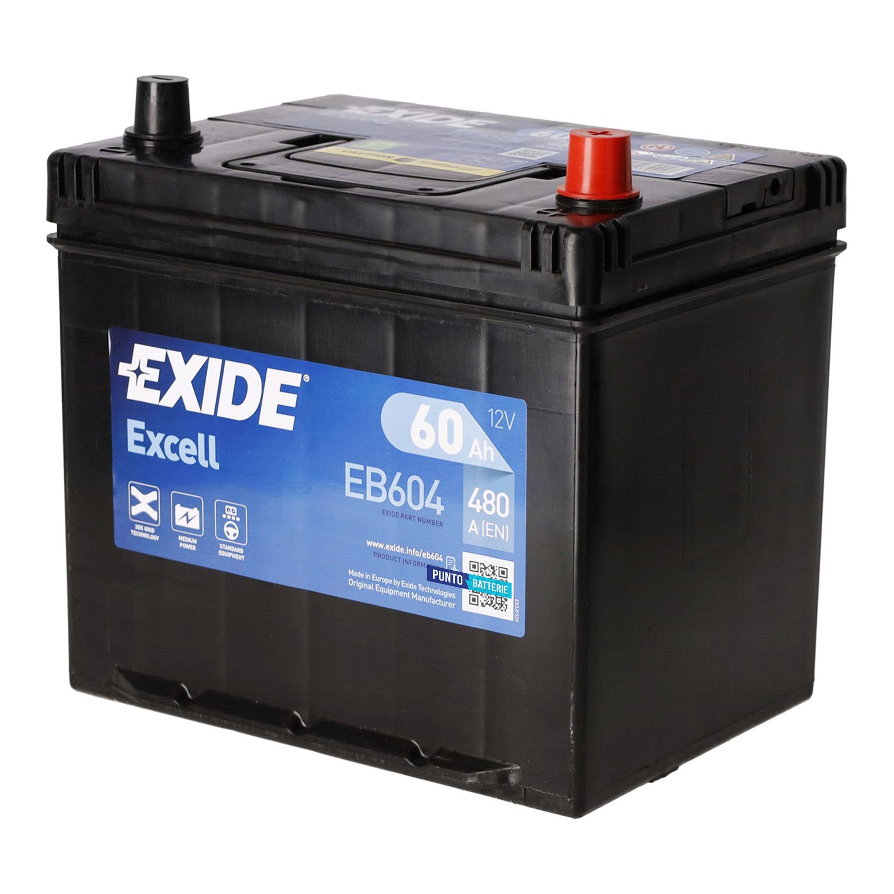 Batteria originale Exide Excell EB604, dimensioni 230 x 173 x 222, polo positivo a destra, 12 volt, 60 amperora, 480 ampere. Batteria per auto e veicoli leggeri.