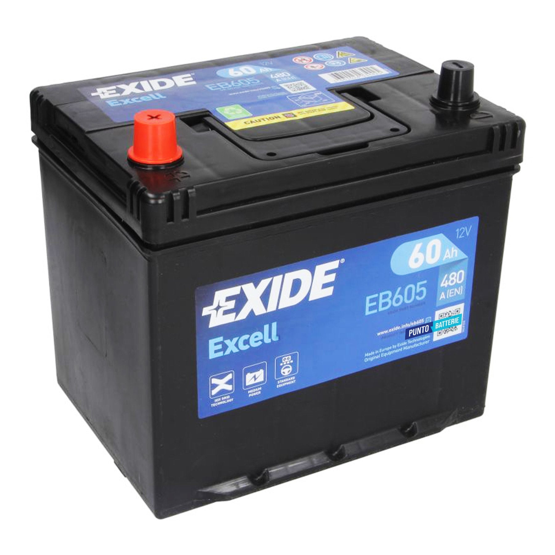 Batteria originale Exide Excell EB605, dimensioni 230 x 173 x 222, polo positivo a sinistra, 12 volt, 60 amperora, 480 ampere. Batteria per auto e veicoli leggeri.