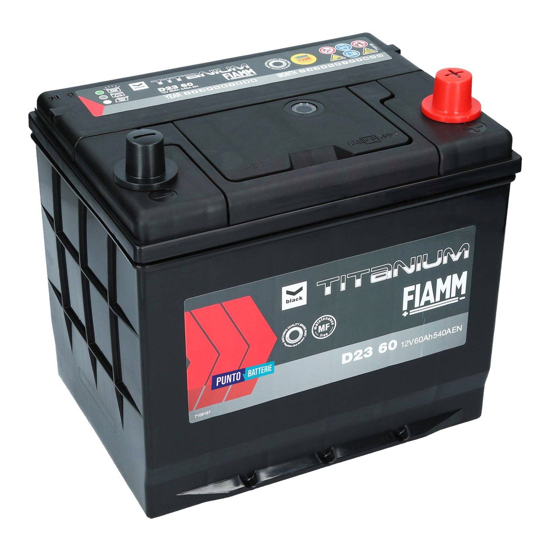 Batteria originale Fiamm Black Titanium D23 60, dimensioni 230 x 170 x 223, polo positivo a destra, 12 volt, 60 amperora, 540 ampere. Batteria per auto e veicoli leggeri.
